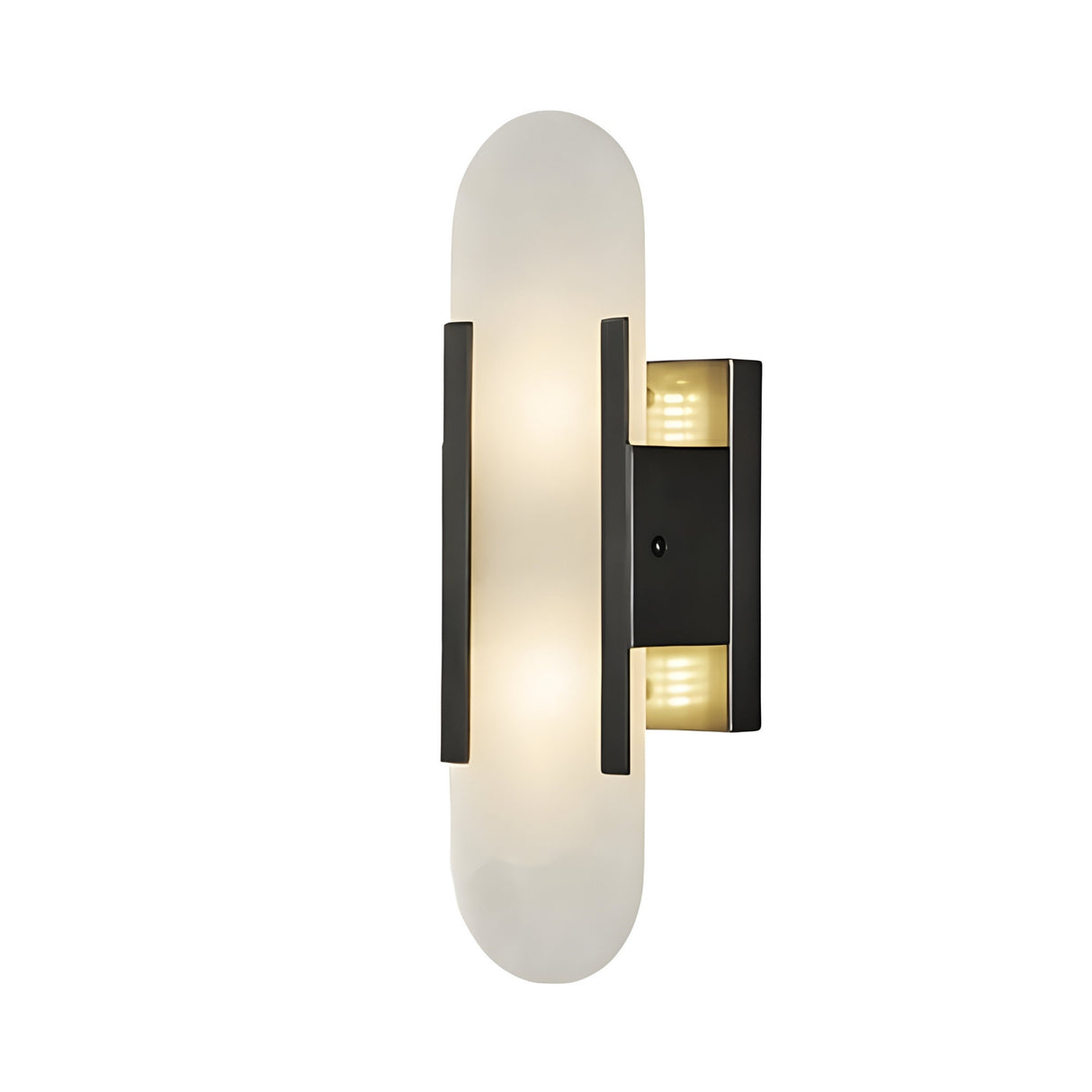 The Lirone 1 Light Small Vertical Capsule Alabaster Wall Light in soft white and black features an oval alabaster shade with two vertical black accents on a rectangular base, providing gentle, diffused lighting for modern interiors.