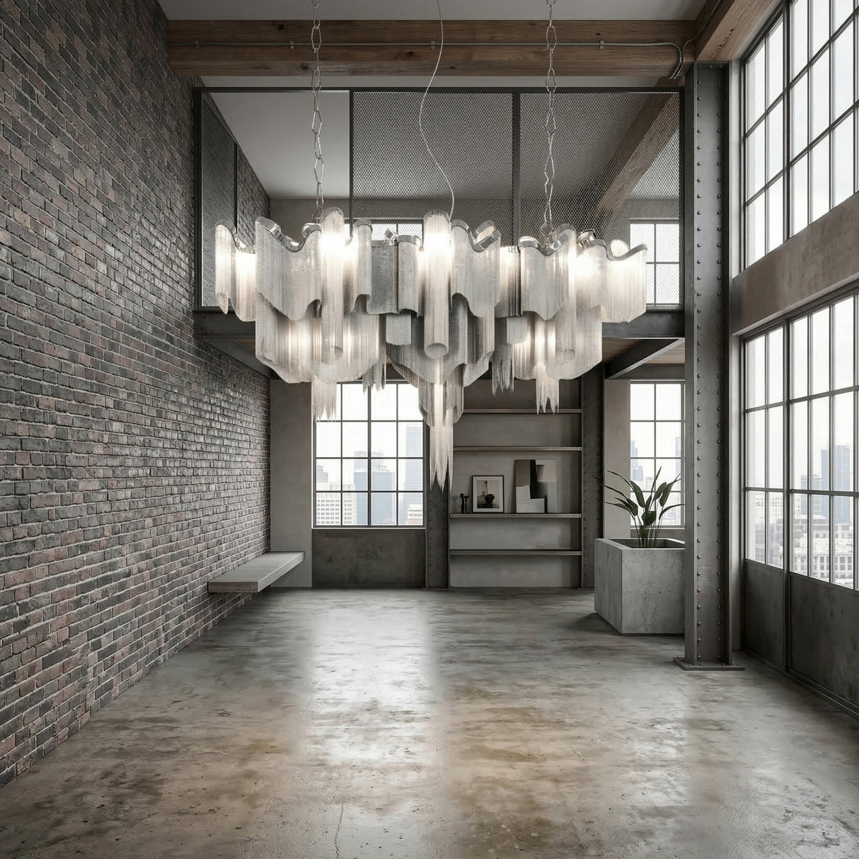 Valora 15 Light Chain Veil Chandelier in nickel suspended in an industrial loft with brick walls, tall windows, and a polished concrete floor.