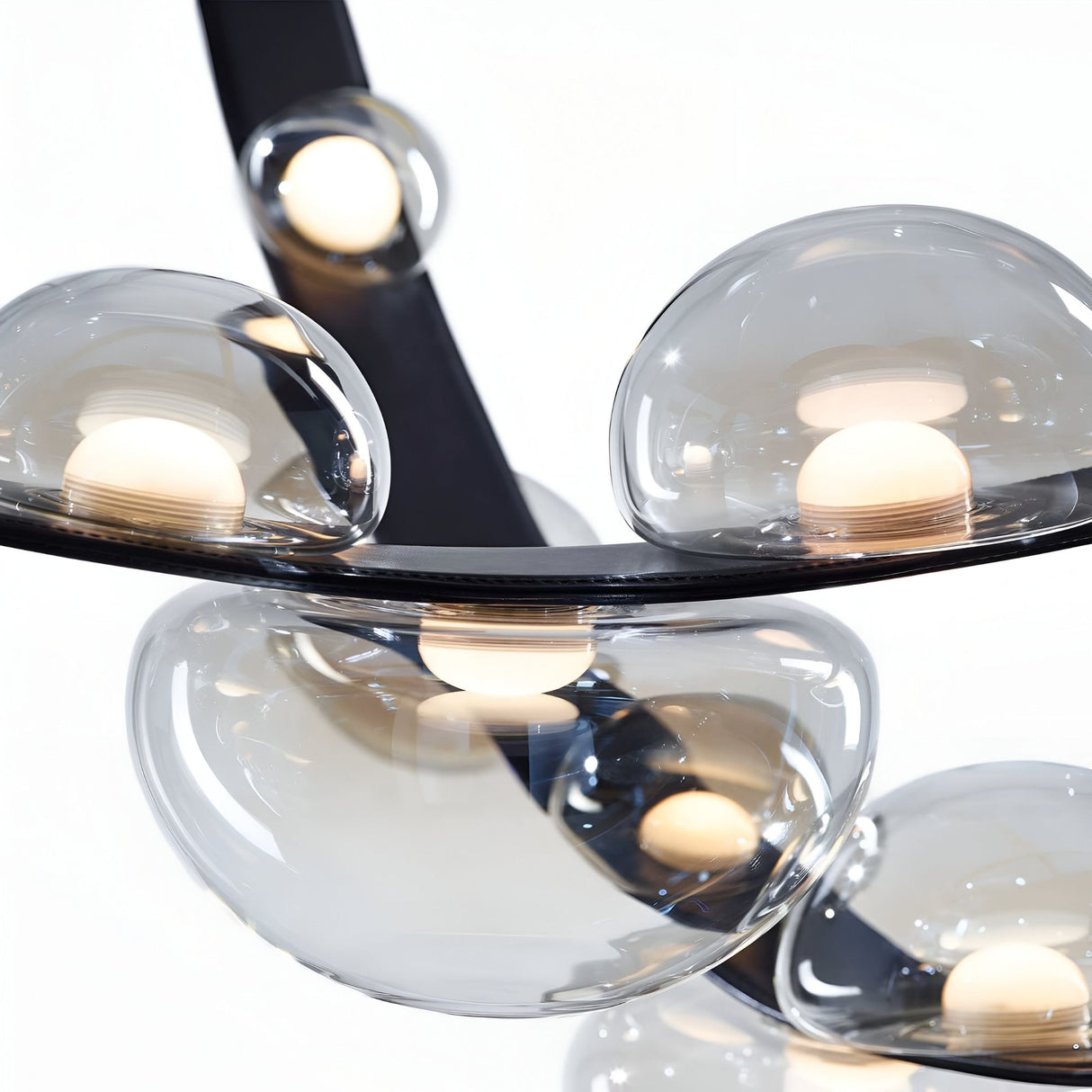 Close-up of the Cordaro 14 Light Leather Suspension in Black, featuring round, transparent glass bubbles with glowing bulbs on a sleek dark frame, set against a white background.