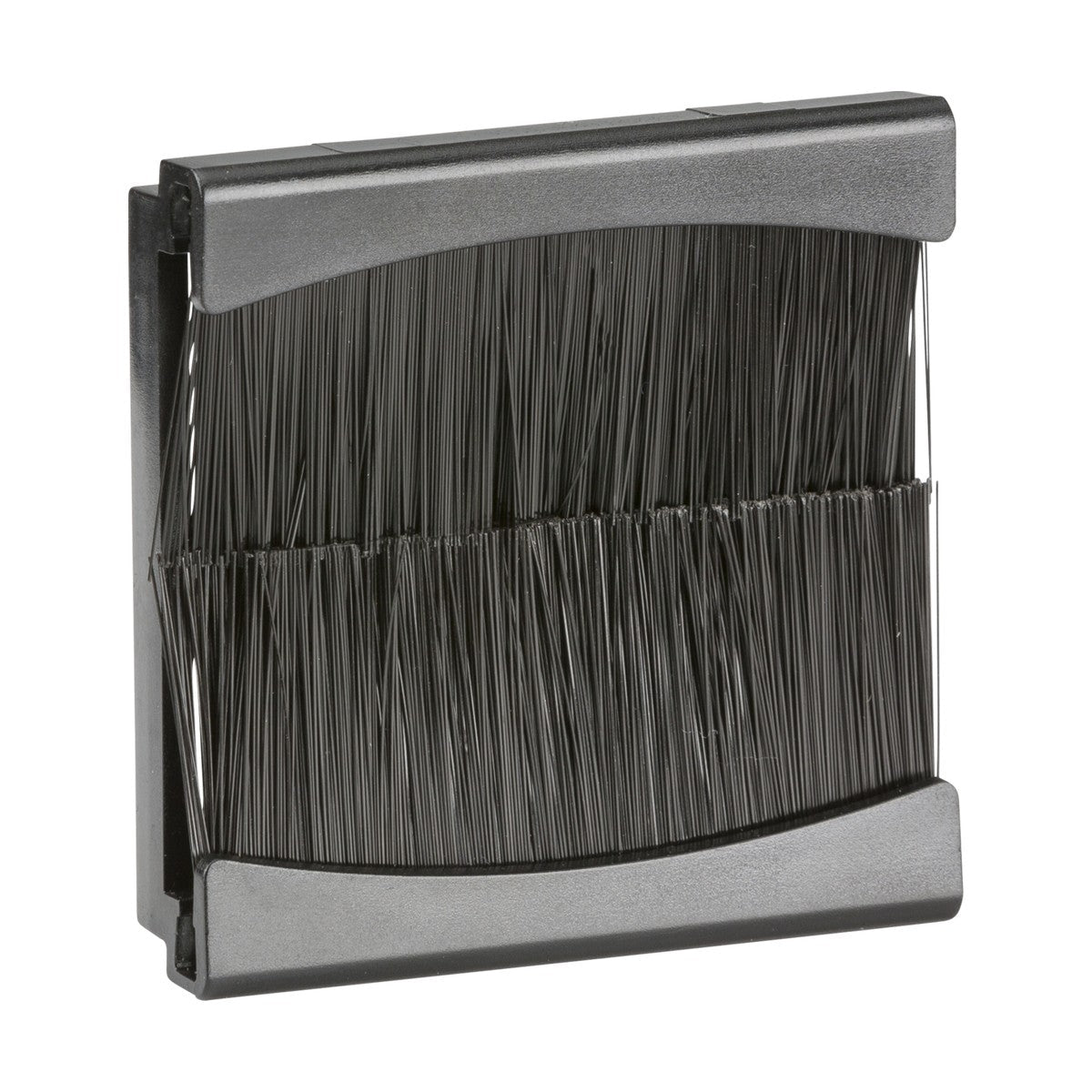 The Brush Module 50 X 50mm - Black is a cable management solution with dense bristles and a plastic border, designed to organize cables for a tidy entry. It's perfect for achieving a sleek, floating TV appearance by neatly guiding cables through openings while providing protection.