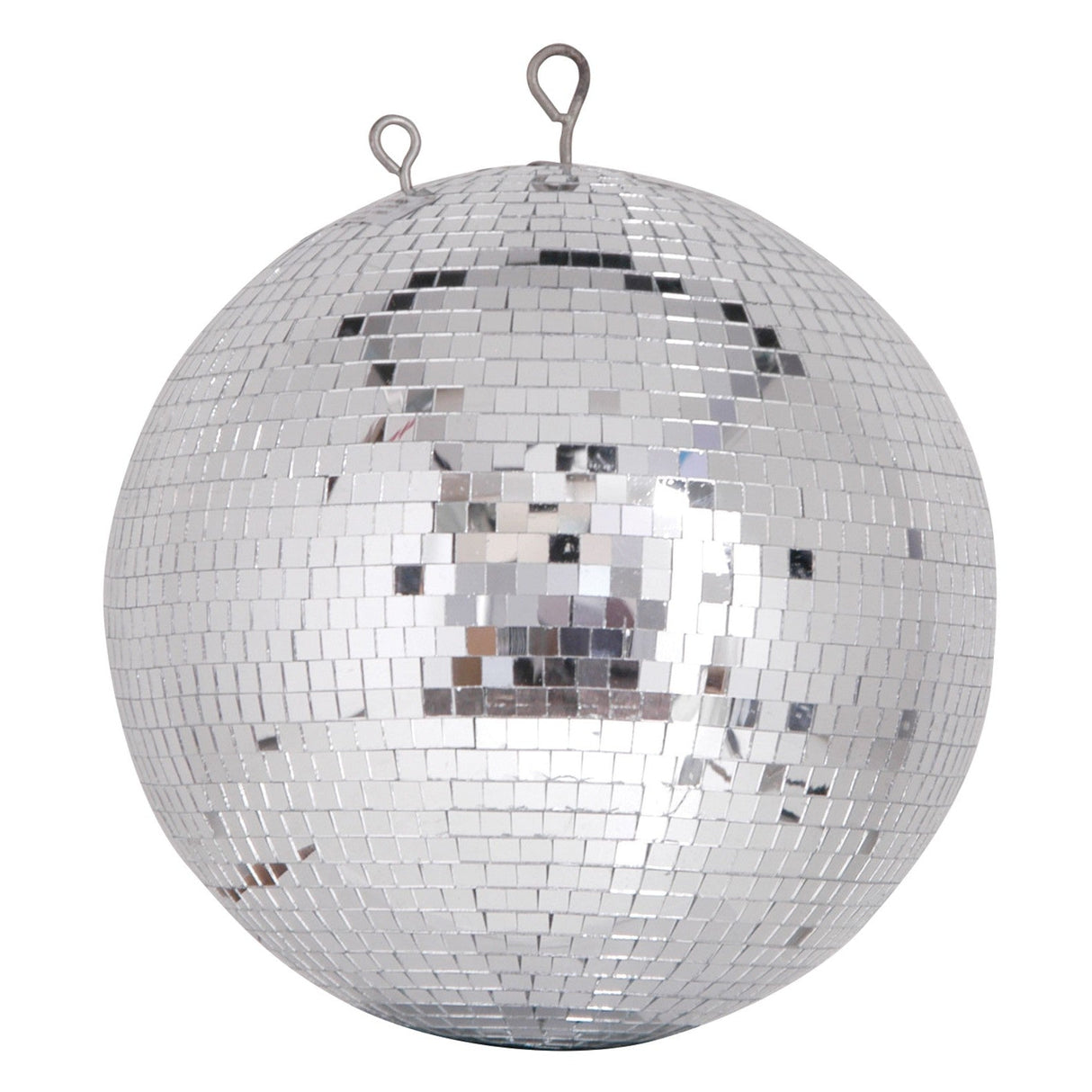The QTX Polyethylene Disco Ball - 30cm features a reflective surface of small square mirrors and two metal hanging loops, shown against a white background.