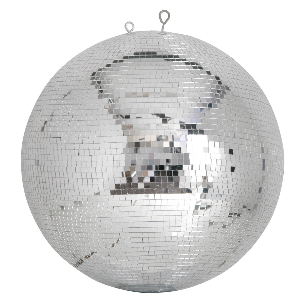 The QTX Polyethylene Disco Ball - 50cm features a mirrored surface covered in small square mirrors, two metal hooks for hanging, and is ideal as a dazzling event decoration.