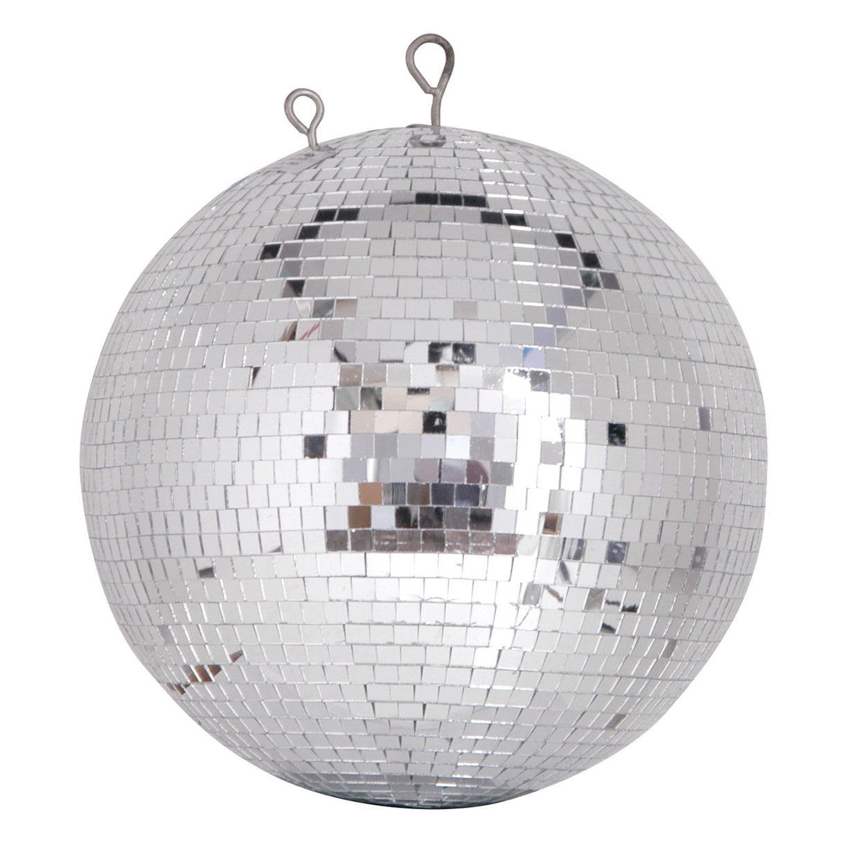 The QTX Polyethylene Disco Ball - 100cm features small mirrored tiles, metal hanging loops, and a reflective finish—ideal for stage shows or as a striking centerpiece.