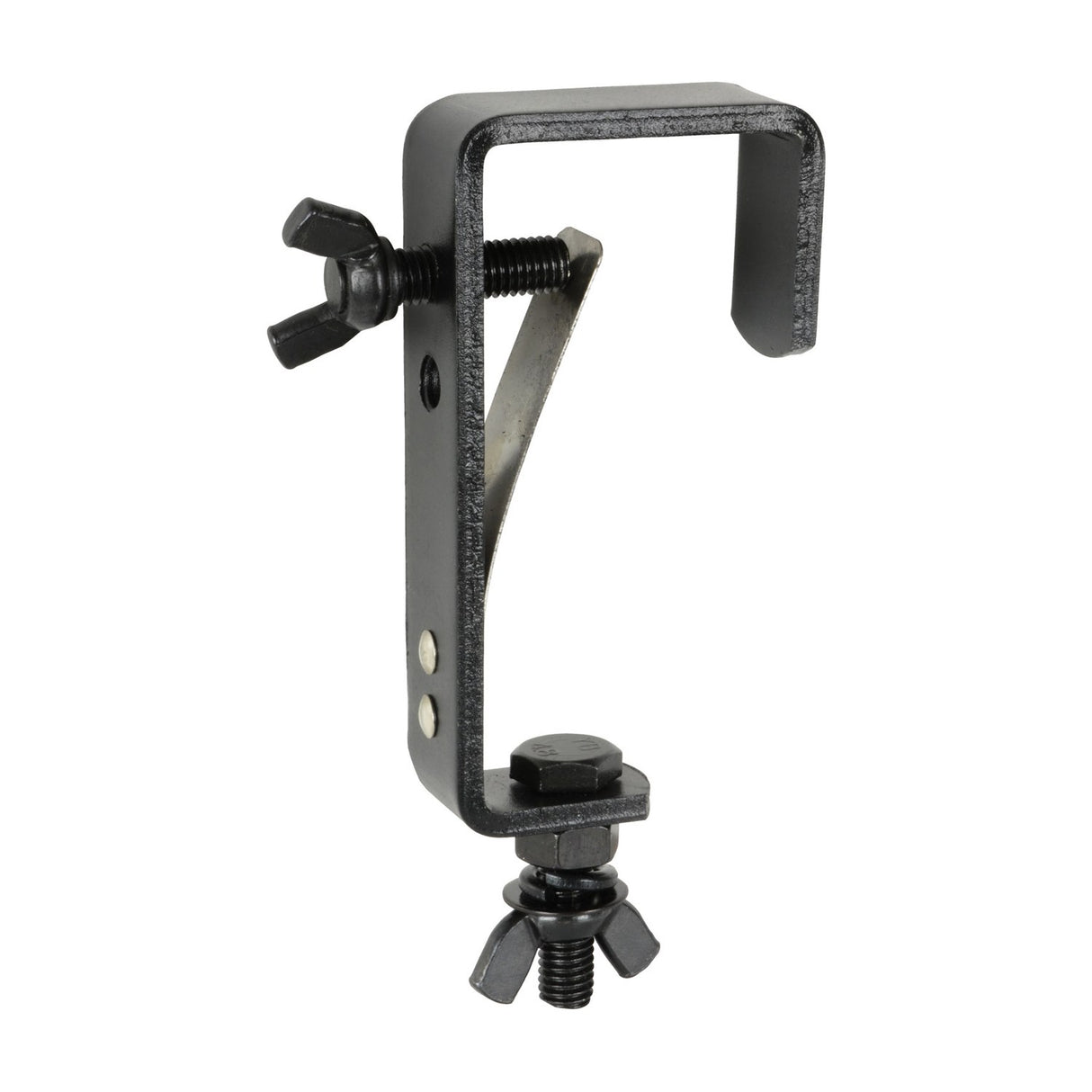 QTX straight mounting hook for stage lighting in black galvanised steel with wing-nut clamp and 50mm pole capacity, shown on a plain background.