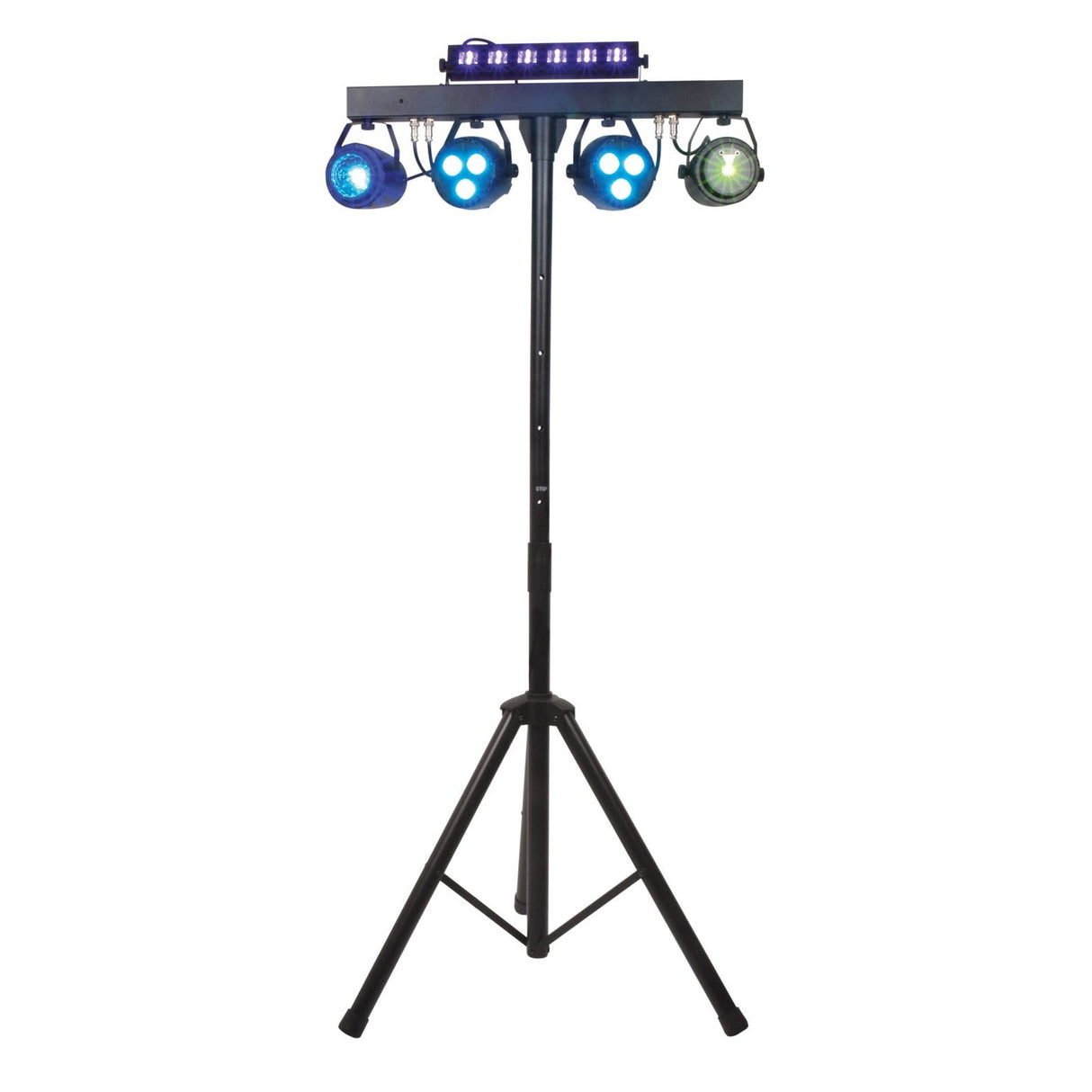 The QTX LED Multi-Effects Par Can Light With Tripod - RGBW is a portable, DMX-compatible lighting system on a tripod, featuring four circular RGBW LED par cans and a streamlined row of effects lights for versatile stage or event illumination.