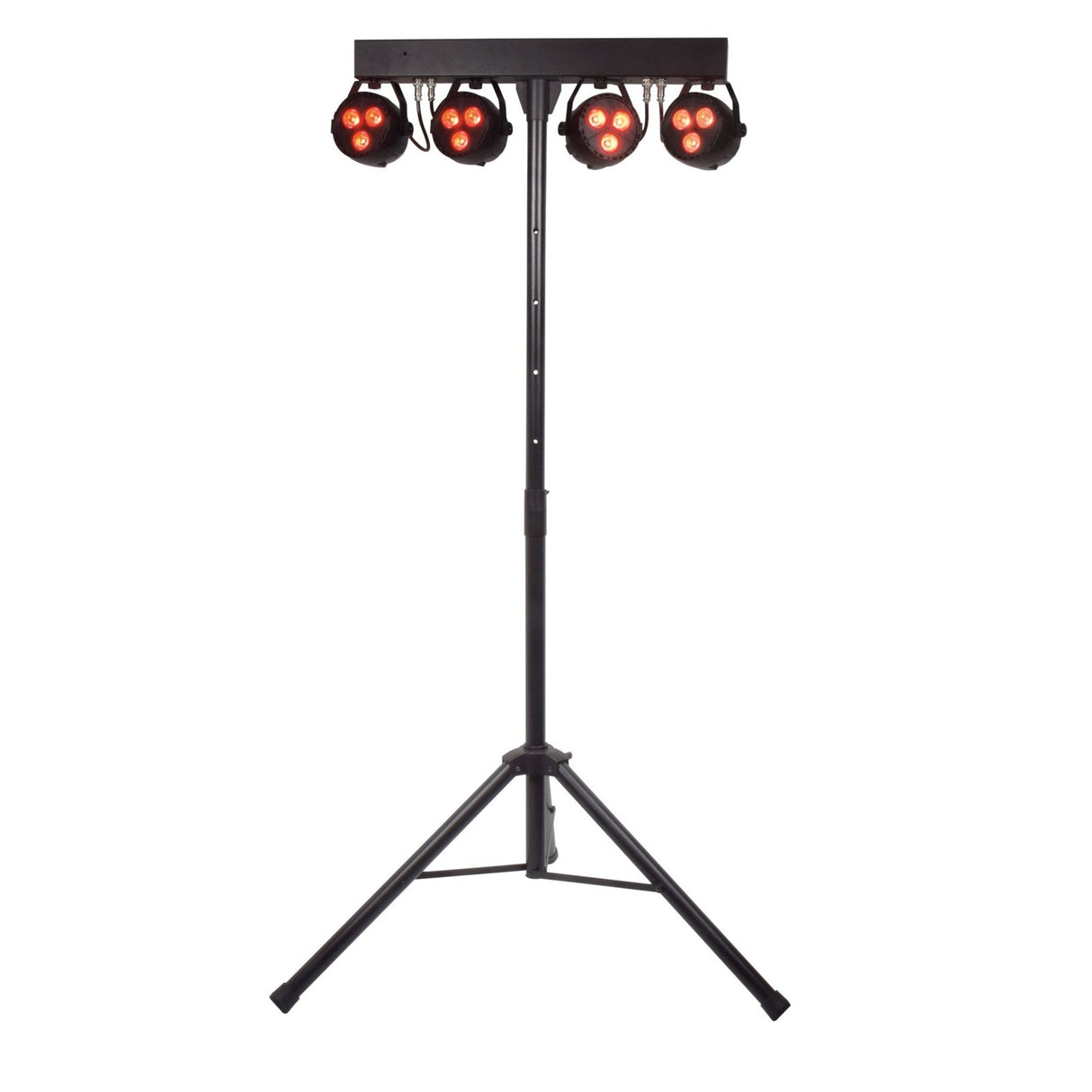 The QTX Rechargeable LED Par Can Light With Tripod - RGBW includes four PAR lights on a black tripod, emitting warm orange-red hues and arranged in a row for portable lighting.