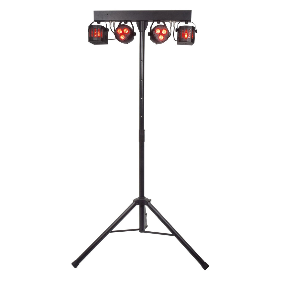 A QTX Rechargeable LED Derby Par Light Can With Tripod - RGBW stands on a black tripod with four DMX-controlled lights, all glowing red and evenly spaced, against a plain white background—ideal for portable DJ lighting.