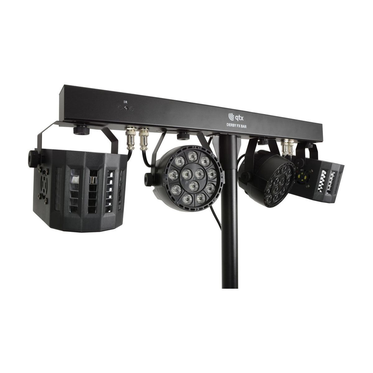 QTX LED Derby Par Can Light bar in black with two RGBW PAR cans and two Derby effect units mounted on a T-bar with tripod stand.