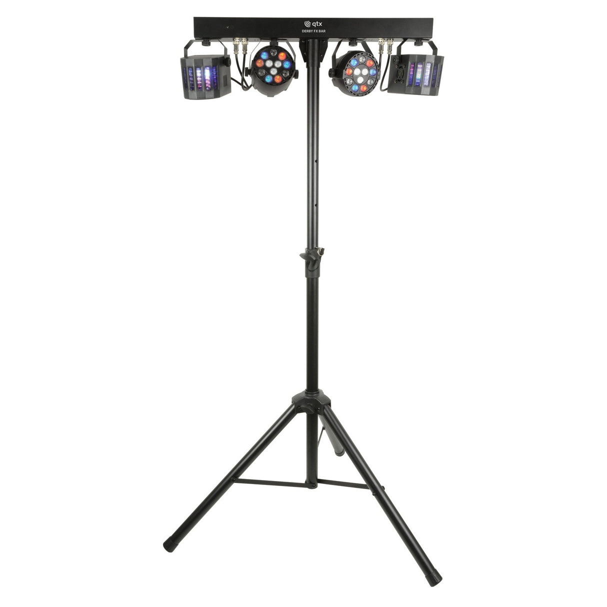 The QTX LED Derby Par Can Light With Tripod - RGBW features a black tripod stand with two circular LED and two rectangular stage lights, perfect for DMX lighting setups and Derby effects, shown against a white background.
