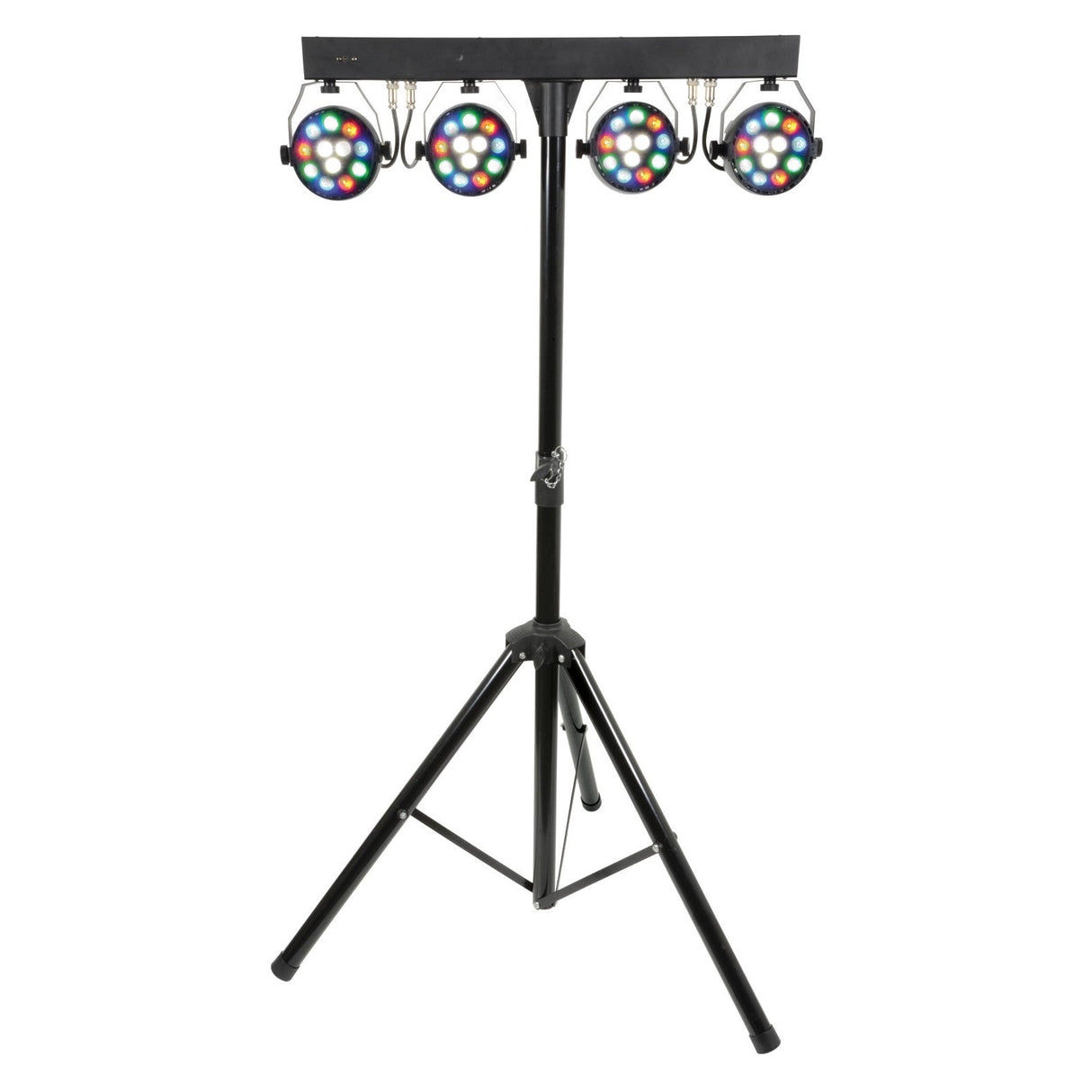 The QTX 12x1W LED Par Can Light With Tripod - RGBW features a black tripod stand supporting a horizontal bar with four multi-color PAR cans, ideal for versatile event or mobile DJ lighting.