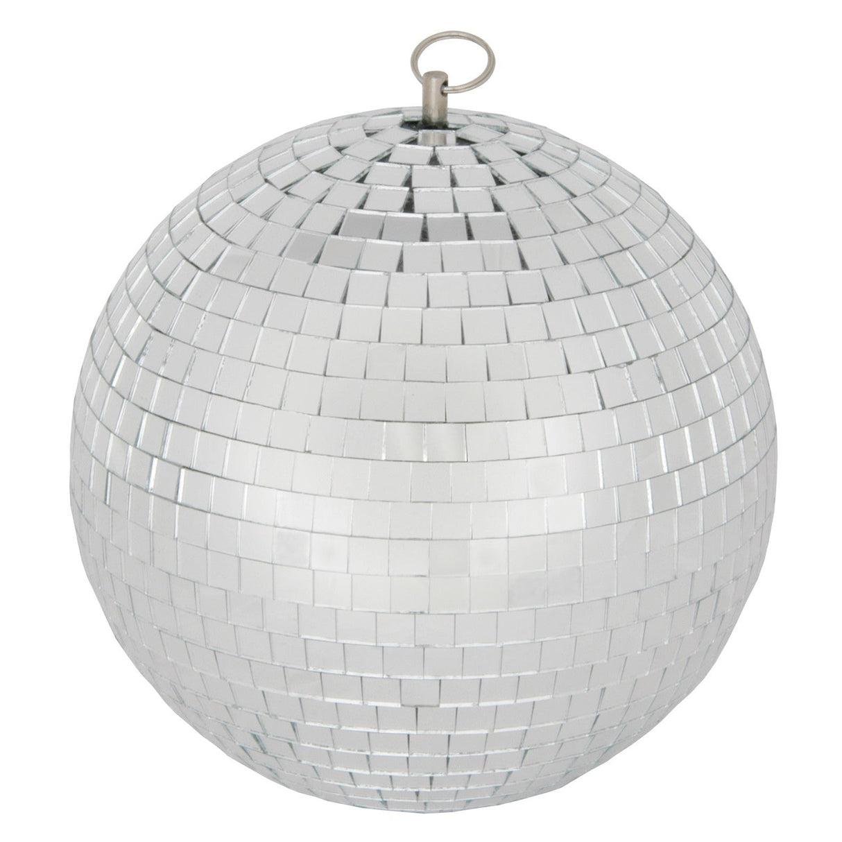 The QTX Plain Glass Disco Ball, 10cm, features reflective silver glass squares and a metal hanging loop—ideal for parties or decoration, shown isolated on a white background.