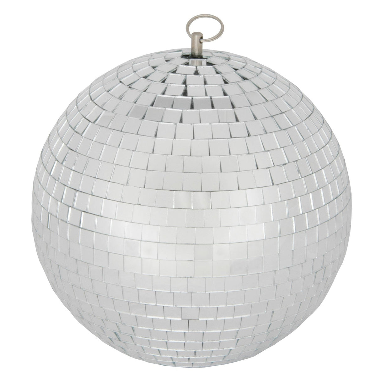 The QTX Plain Glass Disco Ball - 20cm features a shiny silver finish with small square mirrored tiles and a metal hook for easy hanging.
