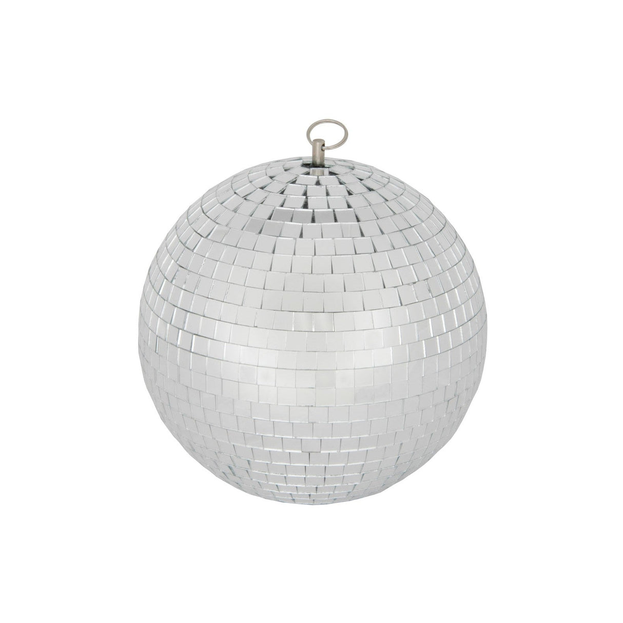 The QTX Plain Glass Disco Ball - 30cm features a shiny mirrored surface with small facets and a metal loop for hanging, making it perfect for dancefloor lighting. Presented isolated on a white background.