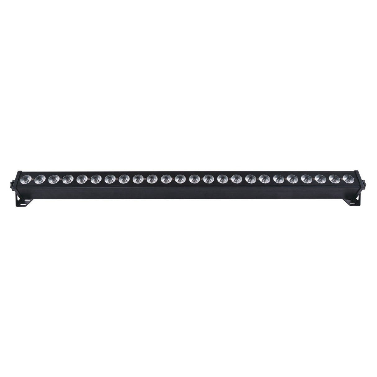 The QTX 24x3W LED Wall Wash Light - RGB is a sleek black bar with multiple bulbs in a row, mounted on end brackets, perfect for vibrant DMX lighting displays.
