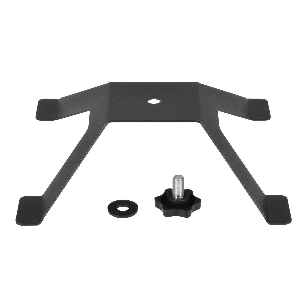 The QTX Floor Stand For LED Wall Bars is a black metal bracket with four flat arms, perfect for supporting LED bars. It includes a washer and a black star-shaped screw, all shown on a white background.