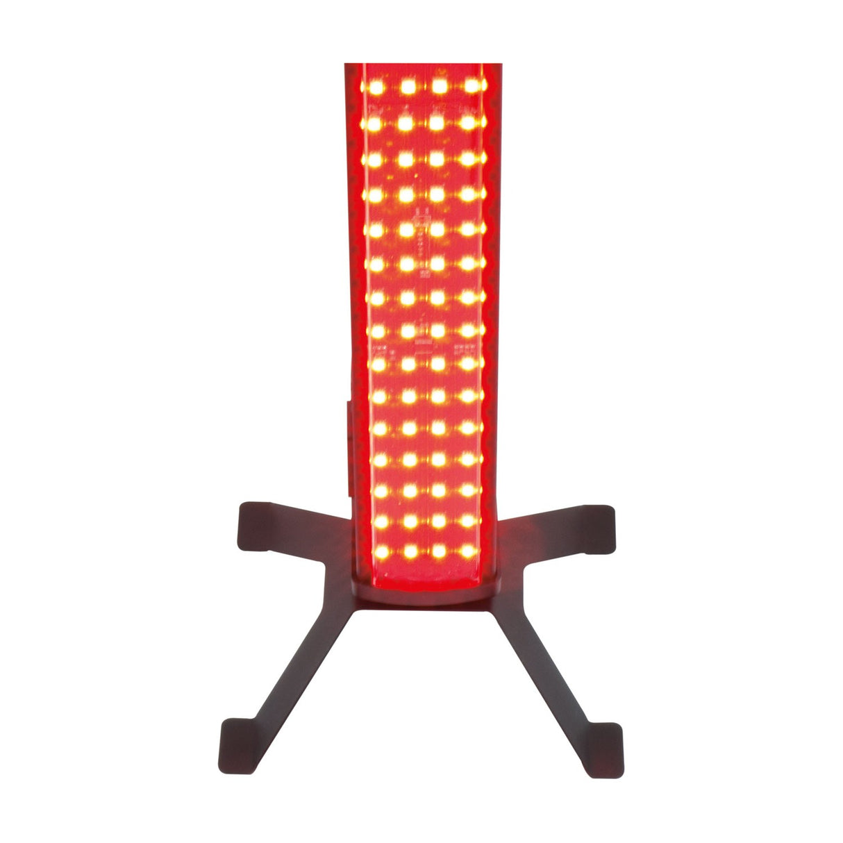 QTX black powder-coated steel four-leg floor stand supporting an illuminated red LED wall bar upright against a plain white background.