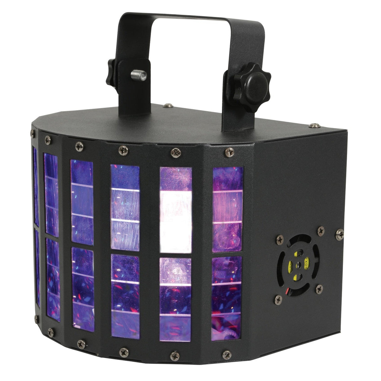 The QTX 9x3W LED Derby9 Light Effect is a black stage fixture with a handle and multiple purple-tinted lenses. DMX512 compatible, it creates a vibrant multi-colour derby effect—ideal for mounting in any venue.