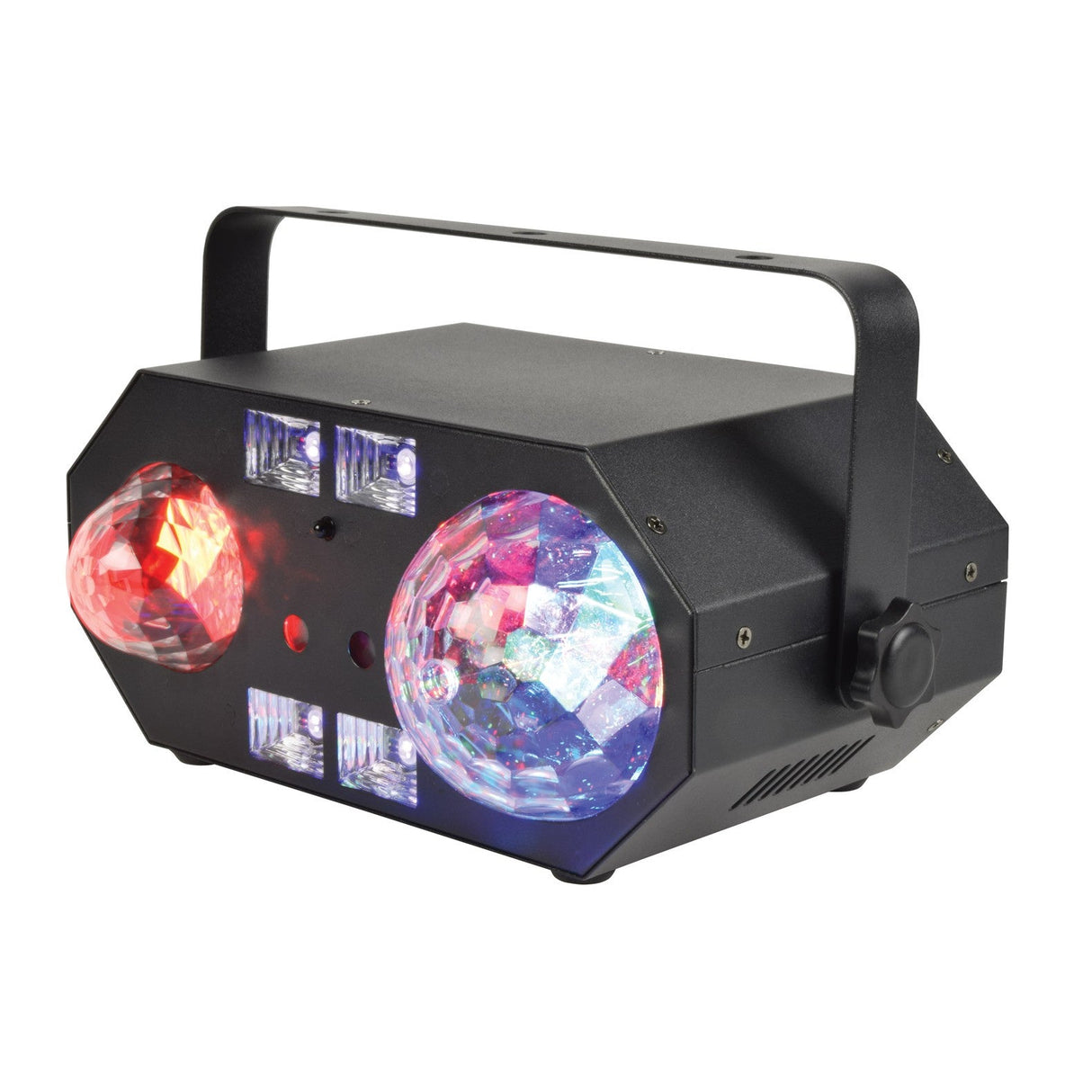 The QTX 6x3W Tetra LED Moonflower features a black 4-in-1 fixture with a handle, faceted dome-shape bulbs in RGBW, front rectangular LEDs, and dynamic wave, strobe, moonflower, and laser DMX light effects.