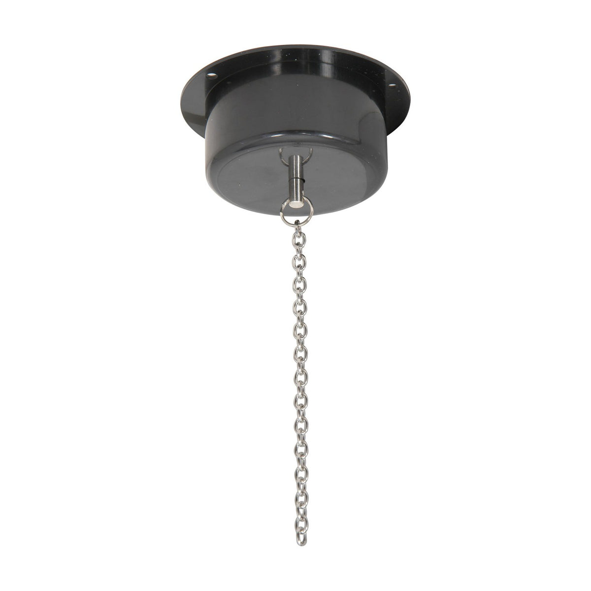 QTX low noise disco ball motor by AVSL with black ABS ceiling-mount housing, steel chain and hook, shown on a plain white background.