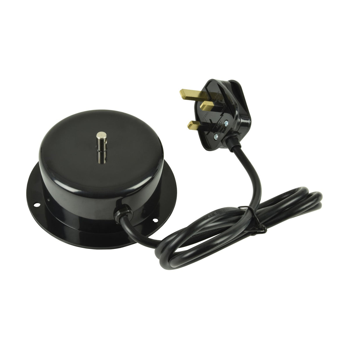 QTX Low Noise Disco Ball Motor UK Version by AVSL, round black ABS housing with central spindle, captive cable and moulded UK 13A plug, on white.