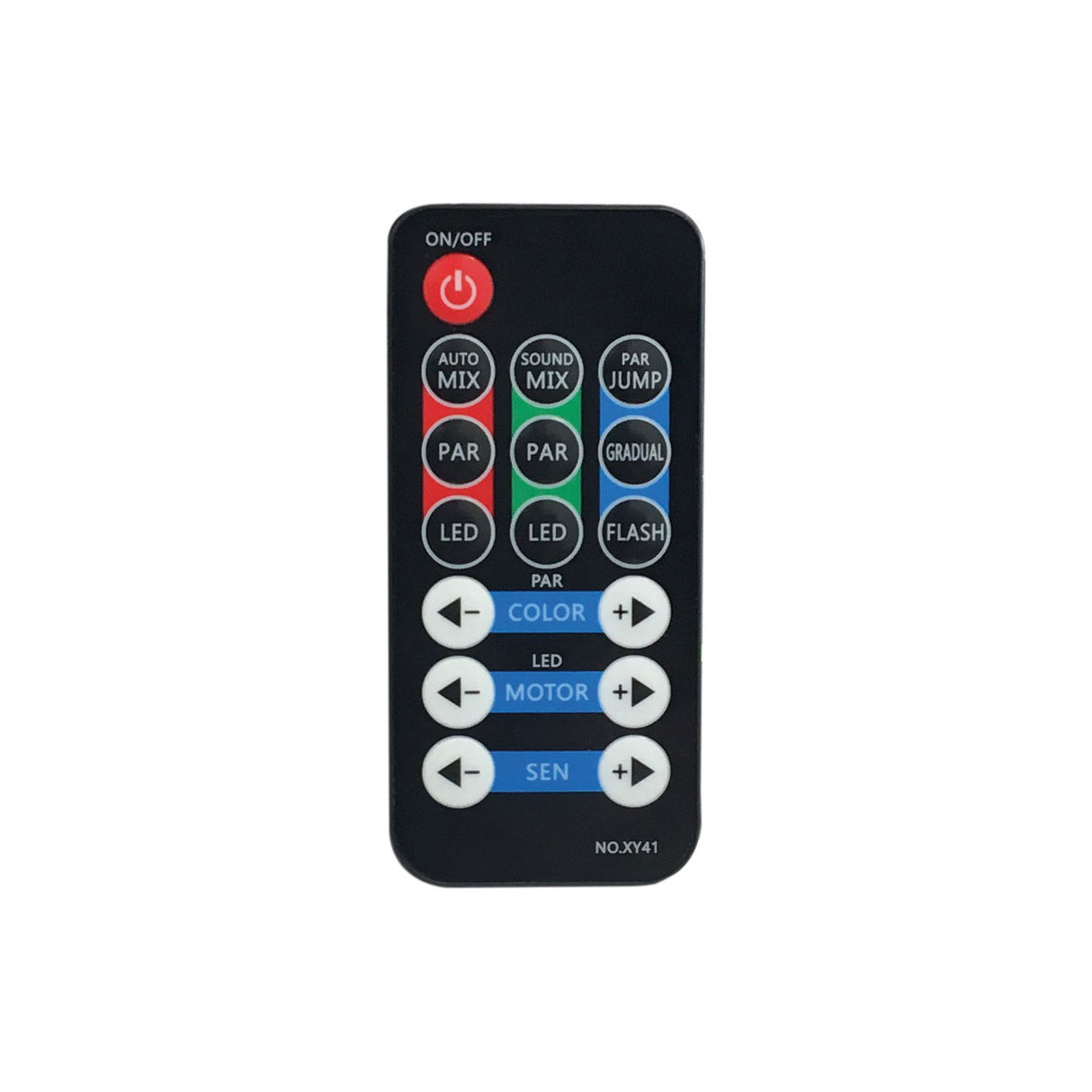 IR remote control for QTX LED par light with red power button, mode buttons for auto mix, sound mix and par jump, and colour, motor and sensitivity controls.
