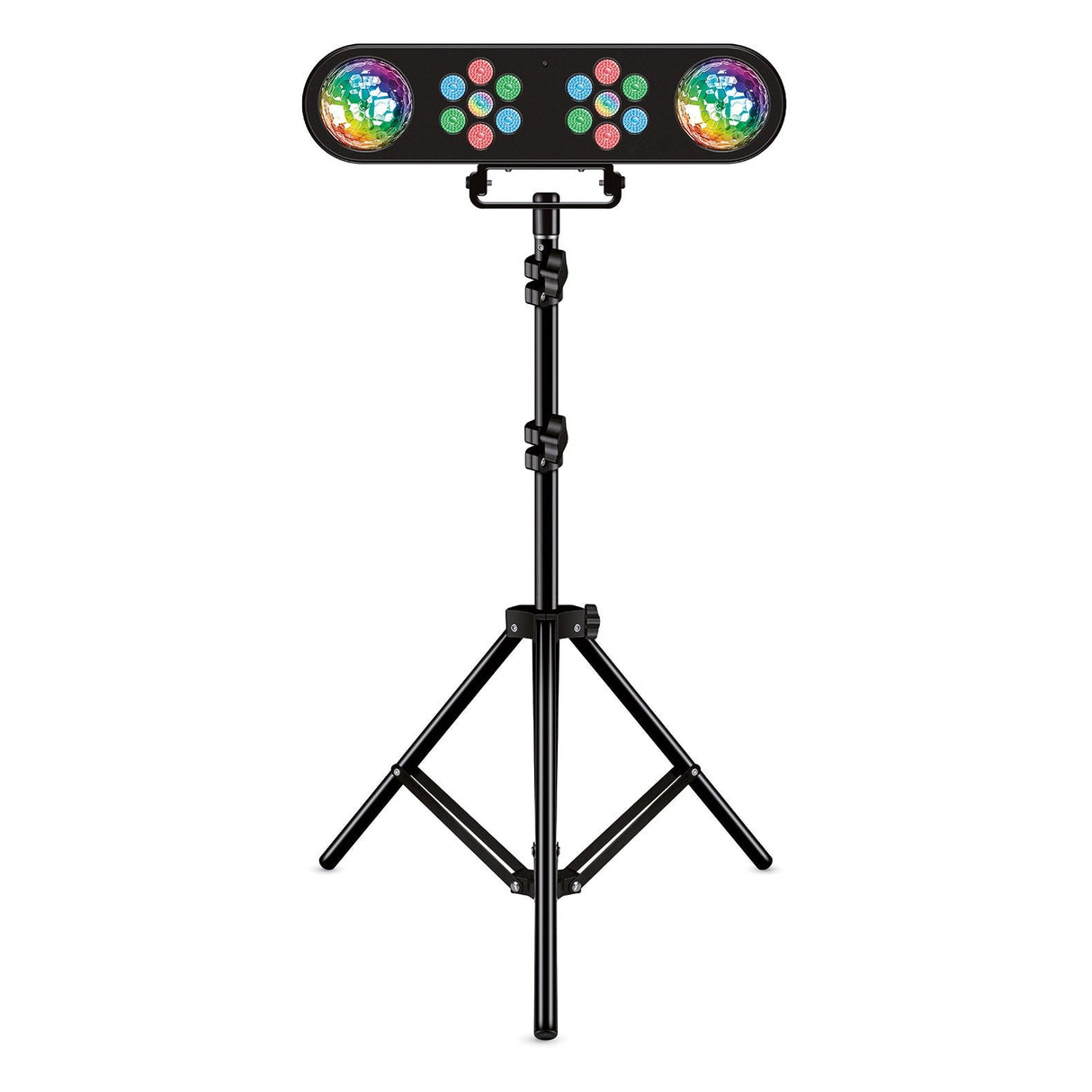 The QTX 14x1W LED Par Light With Tripod - RGB is a black stage light ideal for DJs, displaying vibrant colors while mounted on its adjustable stand against a white backdrop.