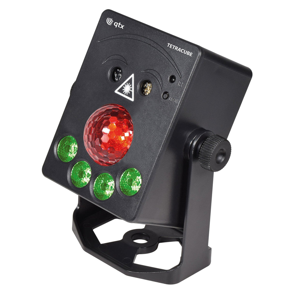 The QTX Rechargeable 4-In-1 Portable Effect LED Light - RGB is a compact black device with a red faceted center lens, four green lenses, control buttons, and an adjustable stand—delivering portable lighting effects for any event.