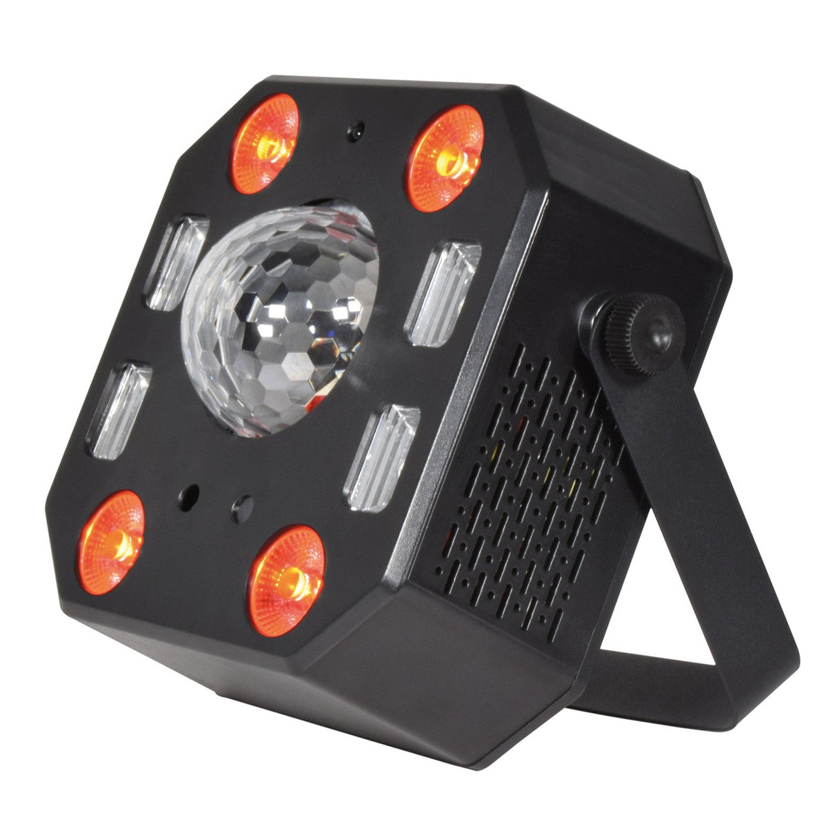 The QTX 4x6W 5-In-1 LED & Laser Effect LED Pentaflash - RGBW is a black, box-shaped party light featuring a central clear RGBW dome, four orange LEDs, rectangular white LEDs, and an angled bracket for mounting.