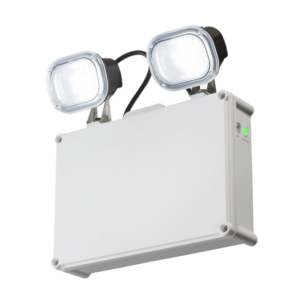 The Indoor & Outdoor Non-Maintained Emergency LED Twin Spot Bulkhead features a white rectangular base with two adjustable lamps that provide up to 3 hours of emergency illumination. The lamps are enclosed in a clear protective cover, and a green indicator light is visible on the IP65-rated base.