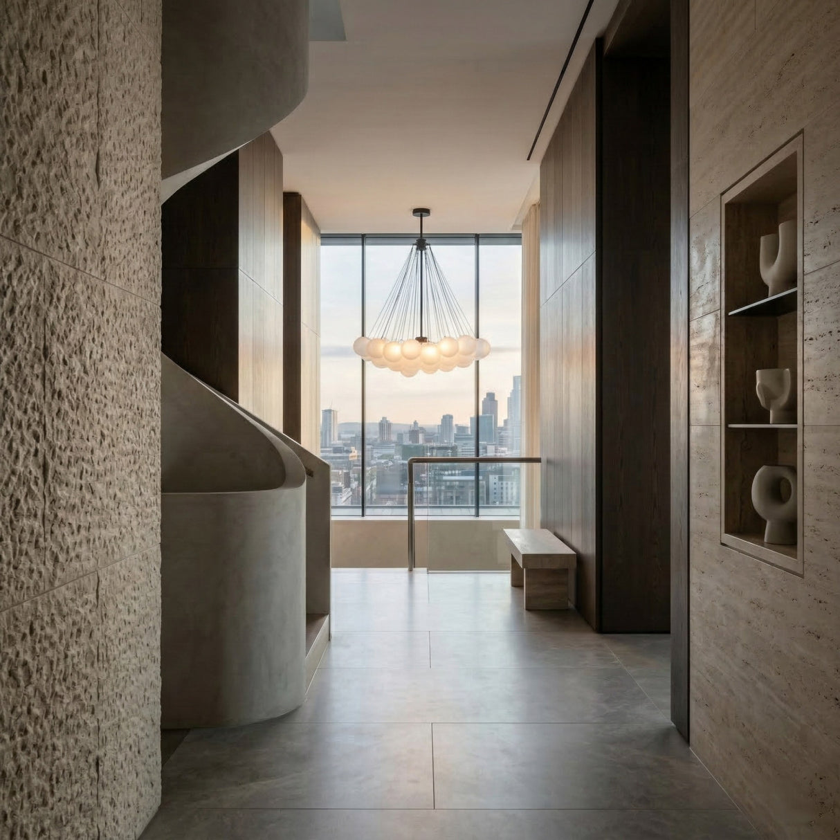 Niori Orb 37 Light Cluster Chandelier in black with frosted glass globes suspended in a modern hallway with stone walls and city view.