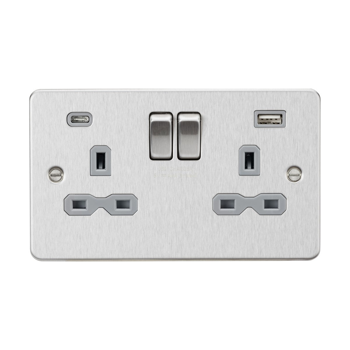 The 13A 2 Gang SP Switched Socket With Dual USB A+C in brushed chrome with a grey insert and flat plate design offers a sleek, low-profile solution featuring two standard UK plug outlets, two switches, a USB-C port on the left, and a USB-A port on the right. This integrated charger socket is designed for modern gadget convenience.