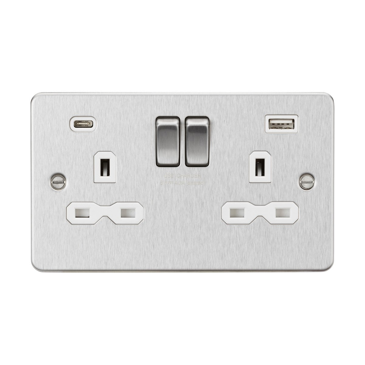 A flat plate brushed metal socket featuring the 13A 2 Gang SP Switched Socket With Dual USB A+C. The design includes two central switches, two standard plug sockets, a USB-C port on the left, and a dual USB ports charger with a USB-A port on the right.