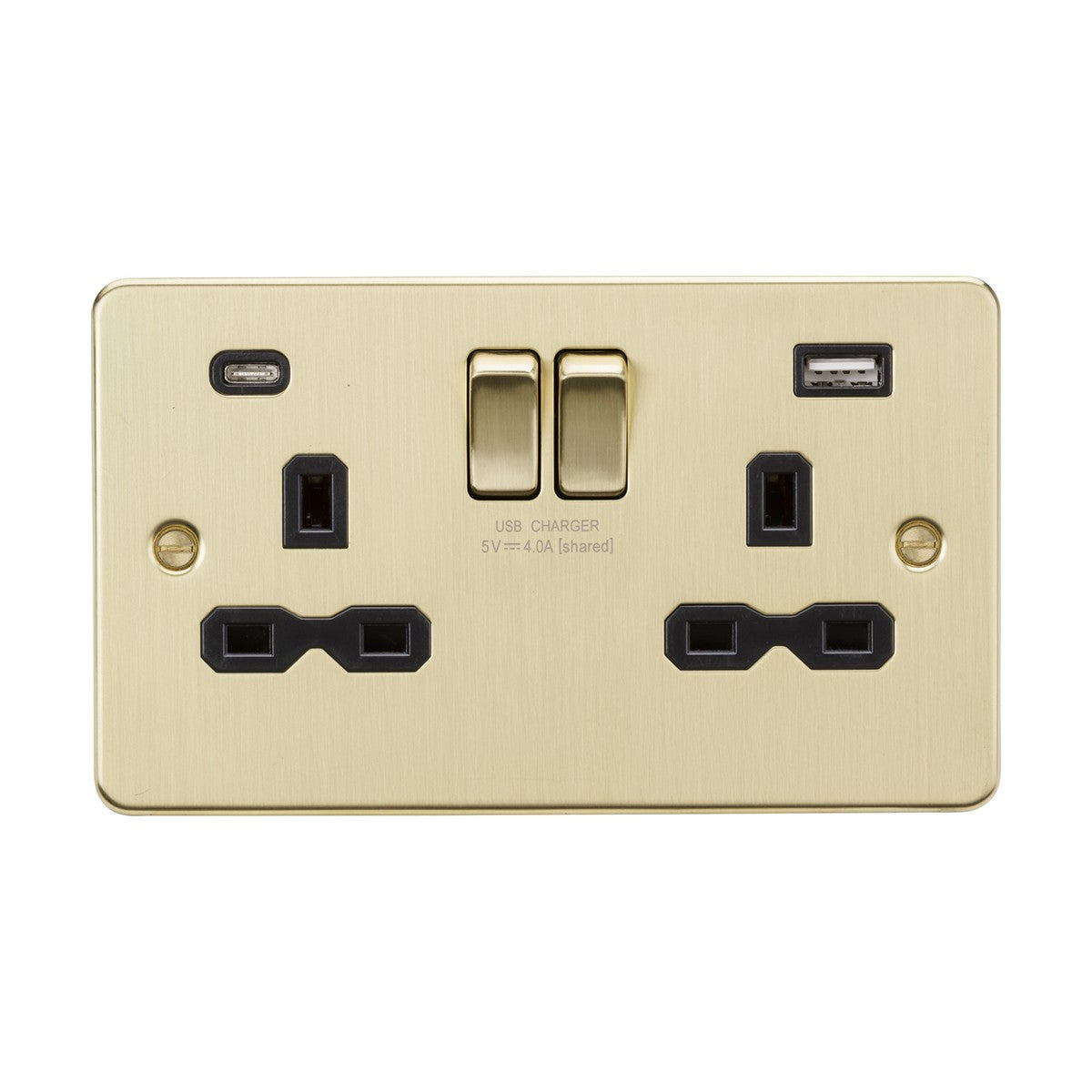 The 13A 2 Gang SP Switched Socket with Dual USB in brushed brass features two three-pin outlets, dual USB chargers, and two power switches. Its black-insert flat plate design is a stylish and versatile addition to any room.