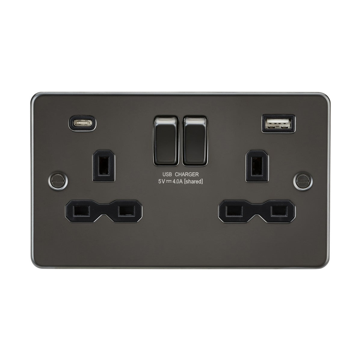 The 13A 2 Gang SP Switched Socket With Dual USB in gunmetal features a black insert flat plate design, dual three-prong plugs, and USB ports with a shared capacity of 5V/4.0A. It includes switches for main outlets and an ultra-low profile design.