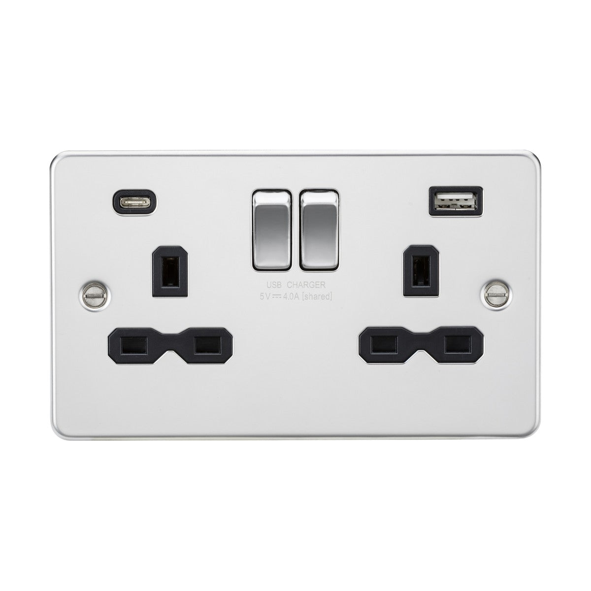 The 13A 2 Gang SP Switched Socket With Dual USB A+C in polished chrome (featuring a black insert and flat plate) boasts an ultra-low profile design with two standard plug outlets, dual USB ports, and a USB-C port. The USB section delivers a 5V 4.0A output and includes two vertical side-by-side switches for user convenience.