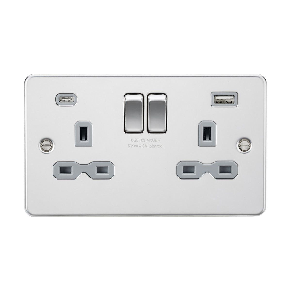 A polished chrome double electrical wall socket with a flat plate design, featuring two plug outlets and a dual USB A+C charger. It includes two central switches for controlling the power supply.