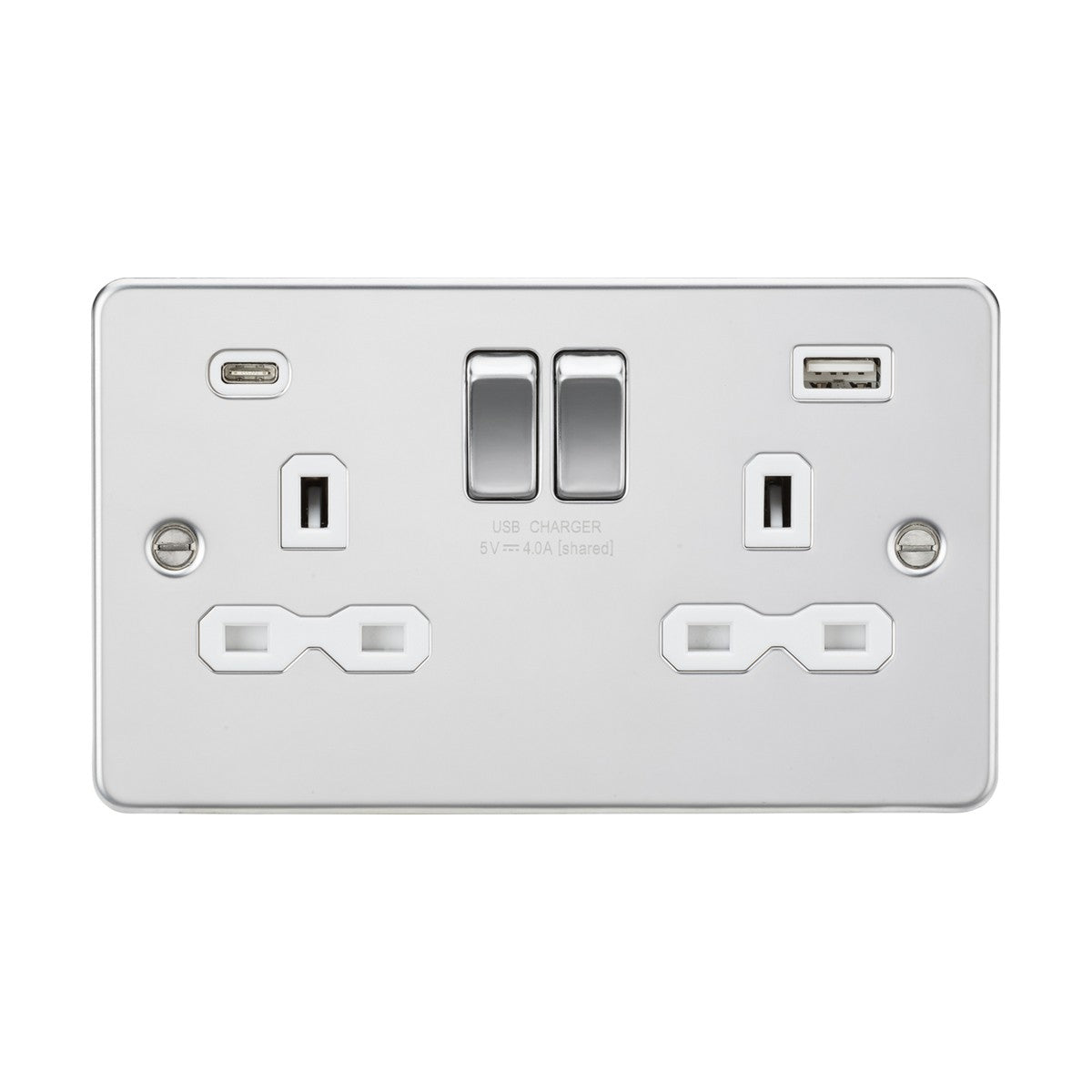 Introducing the 13A 2 Gang SP Switched Socket With Dual USB A+C in Polished Chrome, featuring a flat plate design with a white insert. This socket includes two plug outlets and dual USB charging ports, each controlled by individual switches, making it an ideal addition for modern homes with its sleek, low-profile appearance.