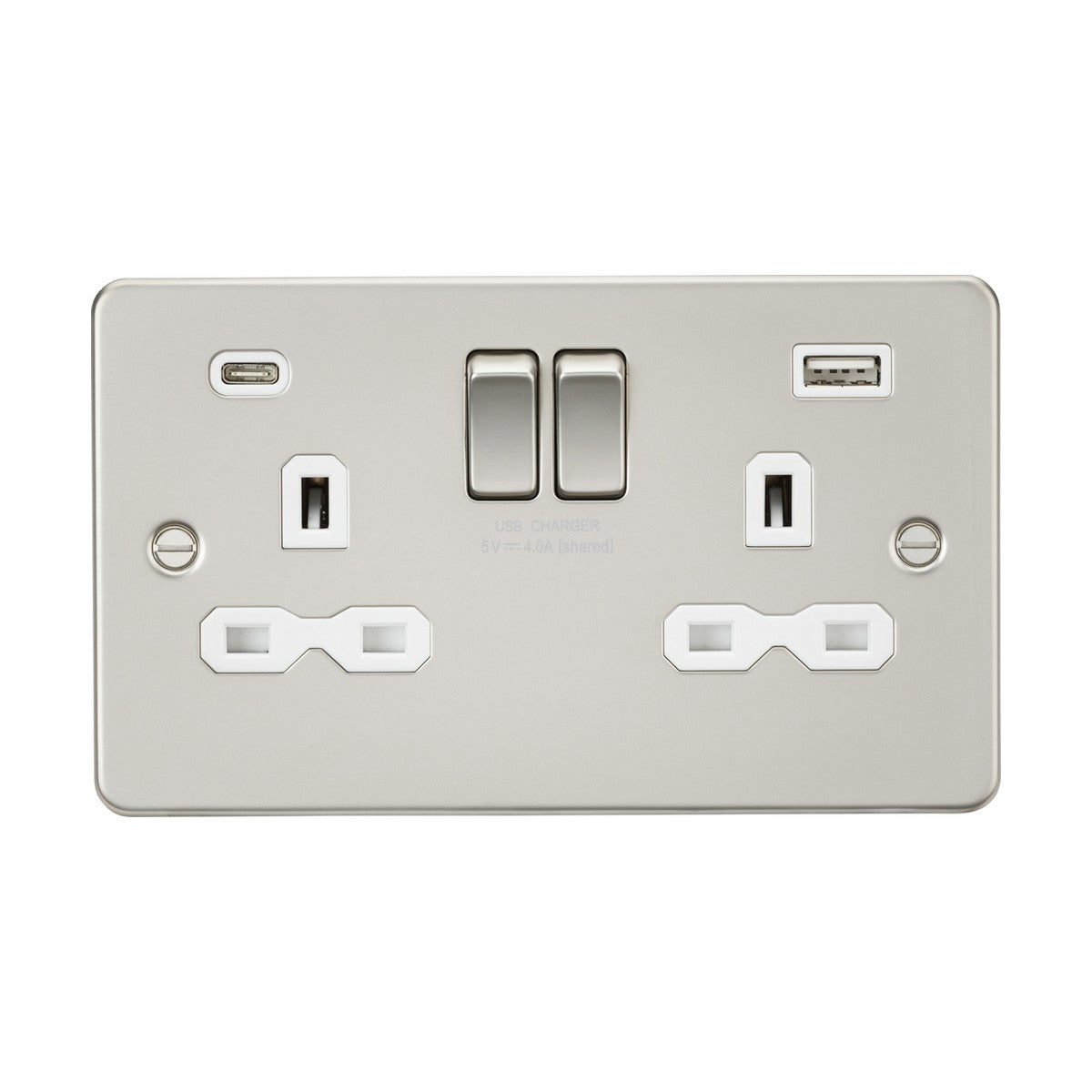 The 13A 2 Gang SP Switched Socket With Dual USB - Pearl (White Insert, Flat Plate) features a sleek metallic finish, ultra-low-profile design, dual switches, and three-pin sockets with USB charging on both sides.