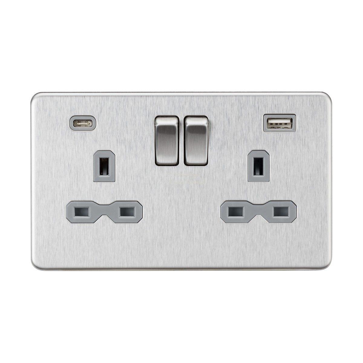 Featuring a 13A 2 Gang SP Switched Socket with Dual USB A+C, this brushed chrome panel boasts a sleek screwless low profile design. It includes dual USB chargers and two standard plug sockets, along with centrally placed switches for easy power control.