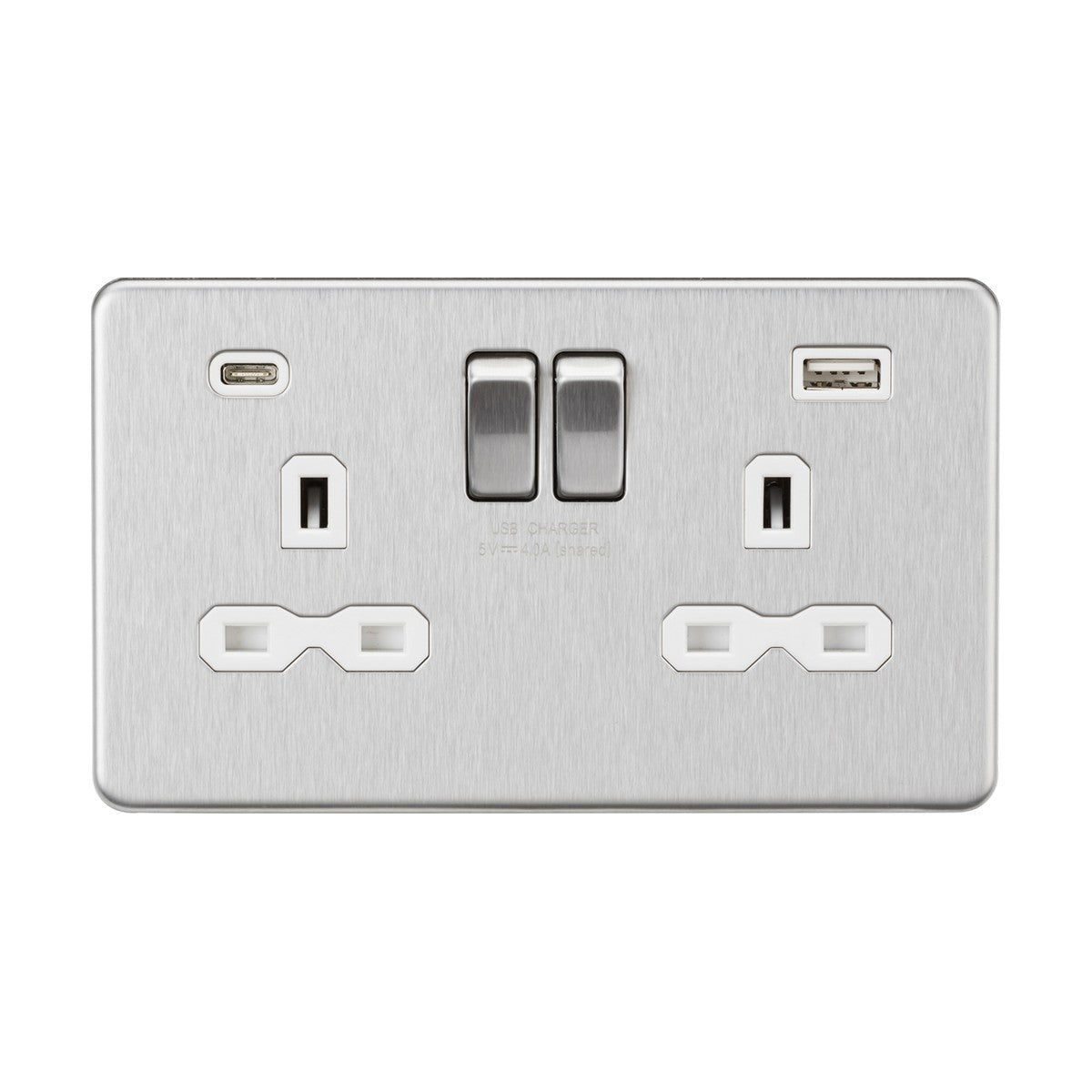 The 13A 2 Gang SP Switched Socket with Dual USB A+C - Brushed Chrome (White Insert, Screwless) offers a sleek screwless low profile design featuring two standard UK plug outlets and small switches above. It includes a dual USB charger with USB-A on the right and USB-C on the left, ideal for modern connectivity needs.