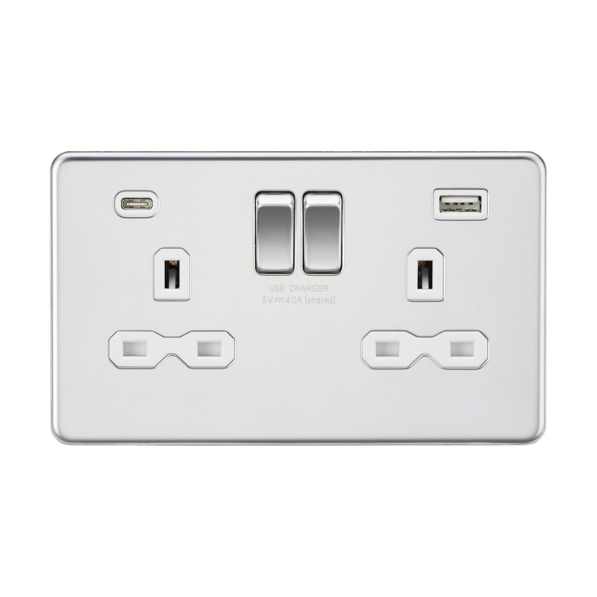 The 13A 2 Gang SP Switched Socket with Dual USB A+C in Polished Chrome offers a stylish screwless design, featuring a metallic plate that houses two central switches. The USB-C ports are conveniently placed above each charger socket.