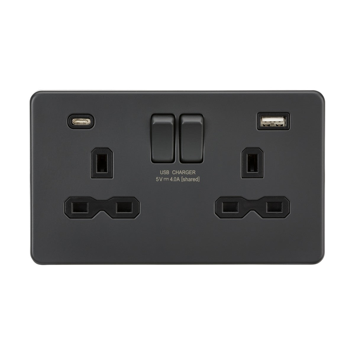 The 13A 2 Gang SP Switched Socket With Dual USB A+C in anthracite features a sleek design with a black insert and screwless finish. This dual electric wall socket includes dual USB charging ports, offering both USB-A and USB-C connections, along with two central switches. It is labeled as a USB Charger 5V ⎓ 4.0A (shared) to provide convenient power output for your devices.