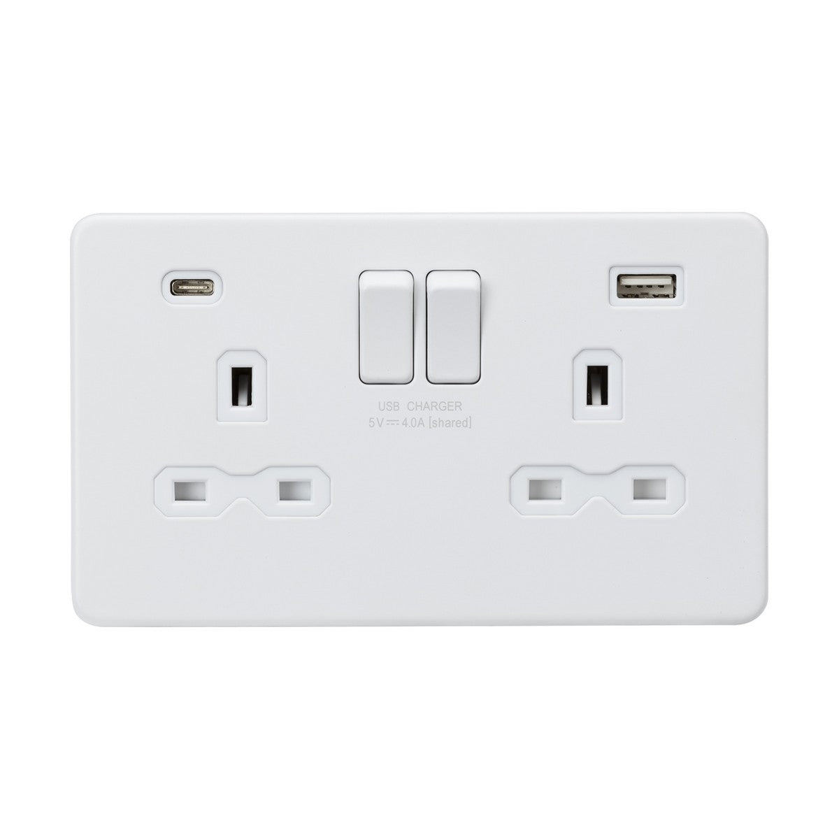 The 13A 2 Gang SP Switched Socket With Dual USB A+C in Matt White, featuring white inserts and a screwless design, boasts two standard three-pin outlets, a dual USB charger with a shared 5V output, and two switches. Its low profile design enhances its modern appeal.