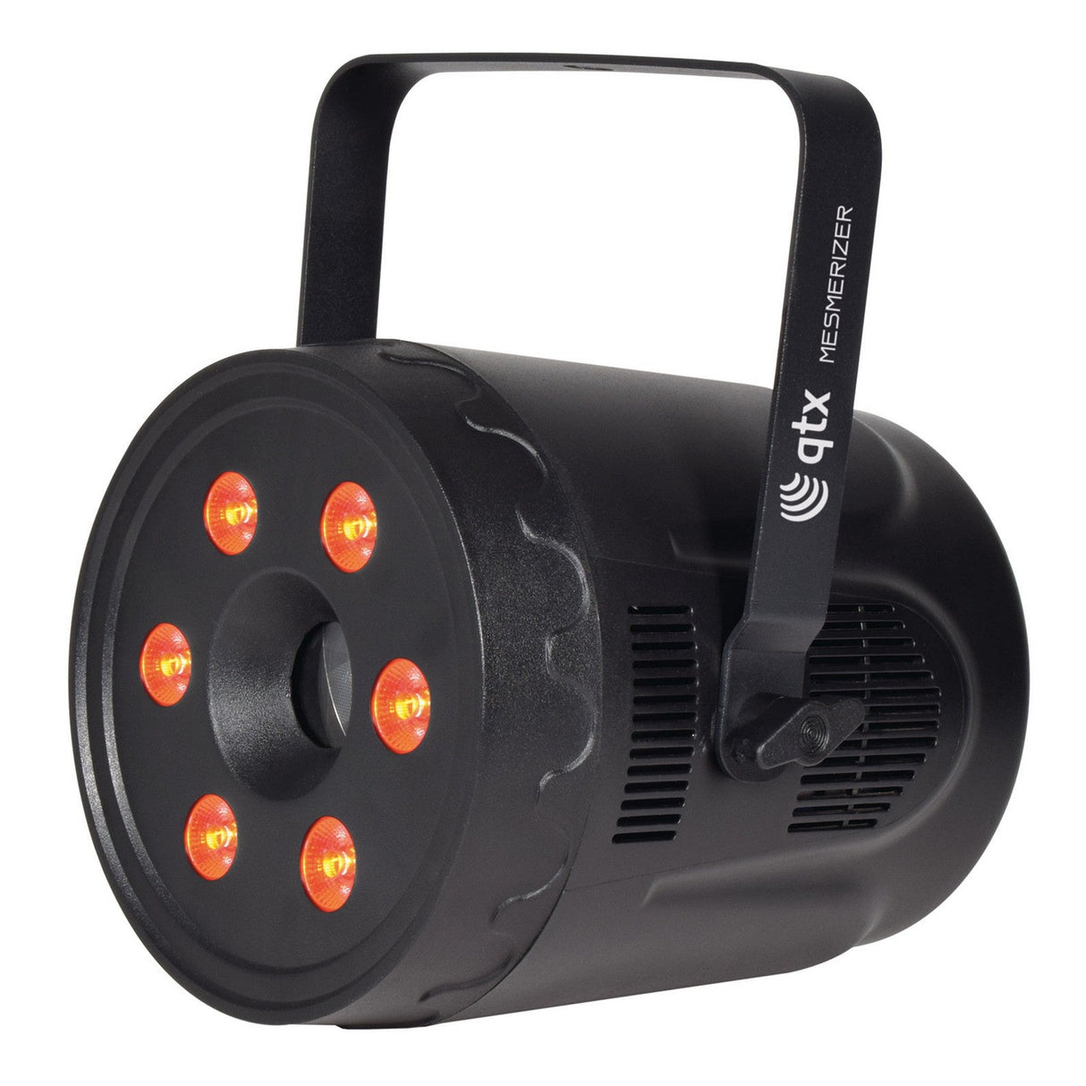 The QTX 6x3W 3D Animation Laser With LED Par Lights - RGBW is a black stage fixture featuring six orange LEDs in a circular layout, mounted on a handle, perfect for DMX lighting setups.