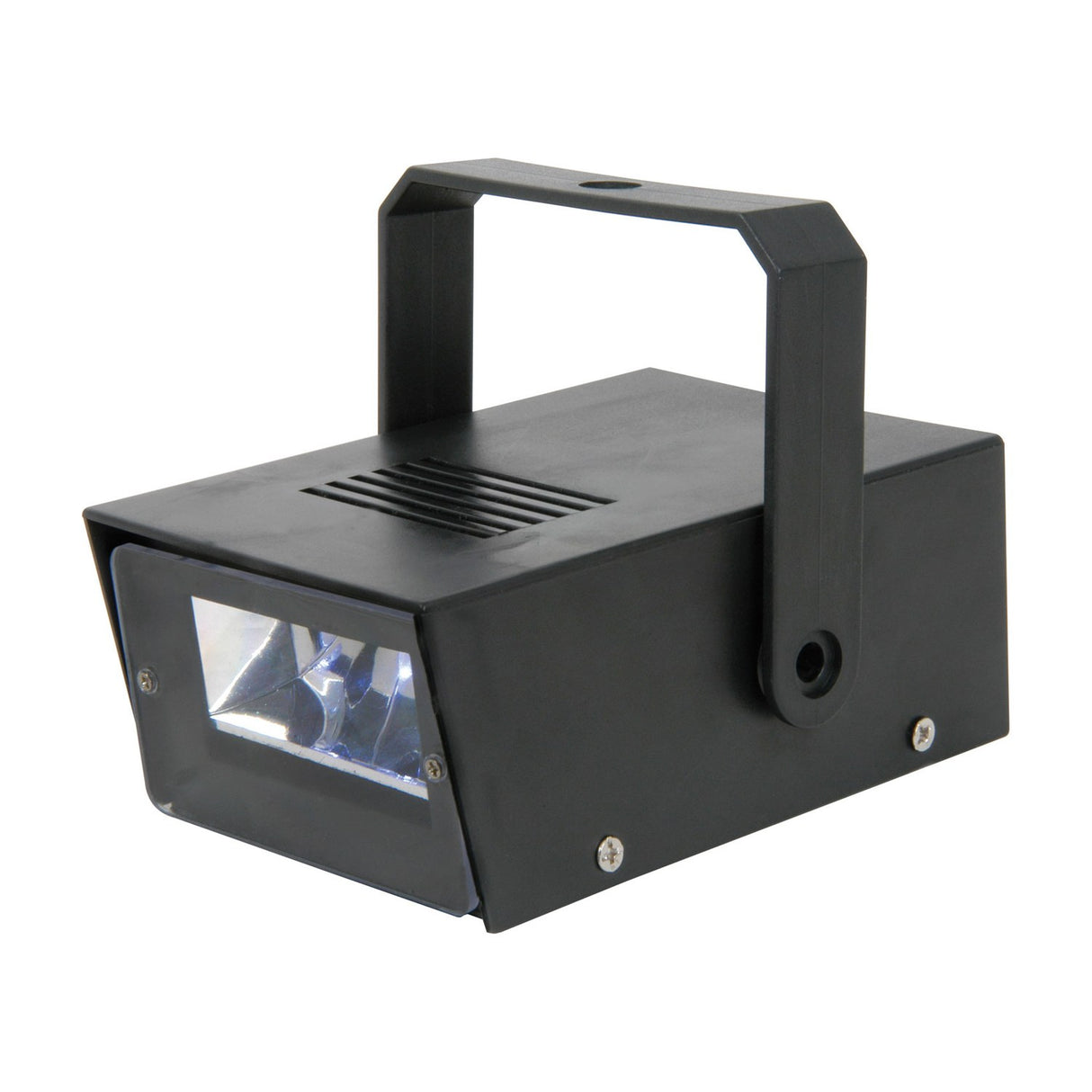 QTX Mini LED Strobe by AVSL, a compact black ABS battery-powered stage light with faceted lens, adjustable bracket handle and top ventilation slots.