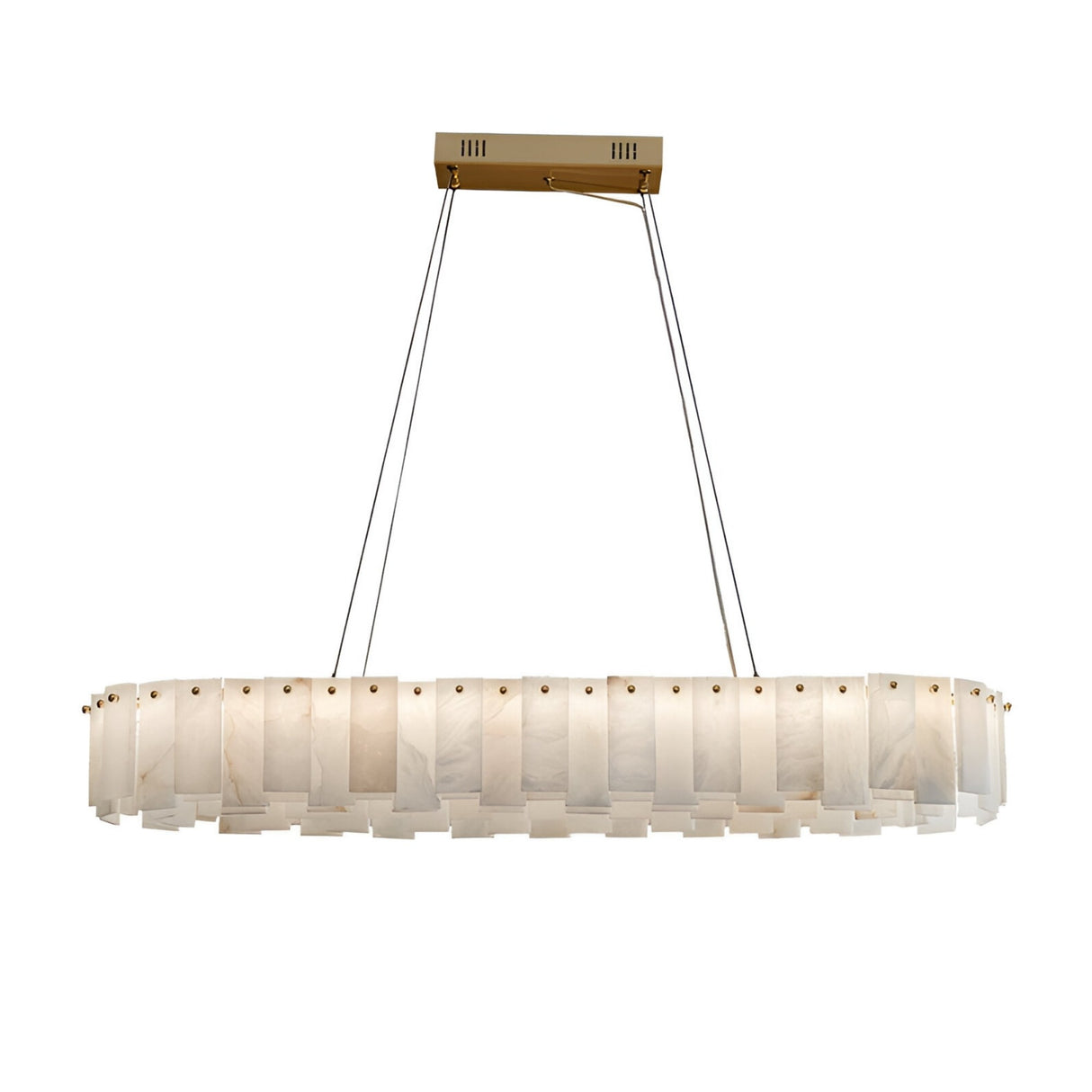 The Valeris 14 Light Layered Panel Alabaster Linear Chandelier in Soft White & Brass features oval-shaped, translucent alabaster panels suspended by four slim cables from a rectangular brass mount, creating a soft, glowing light effect.