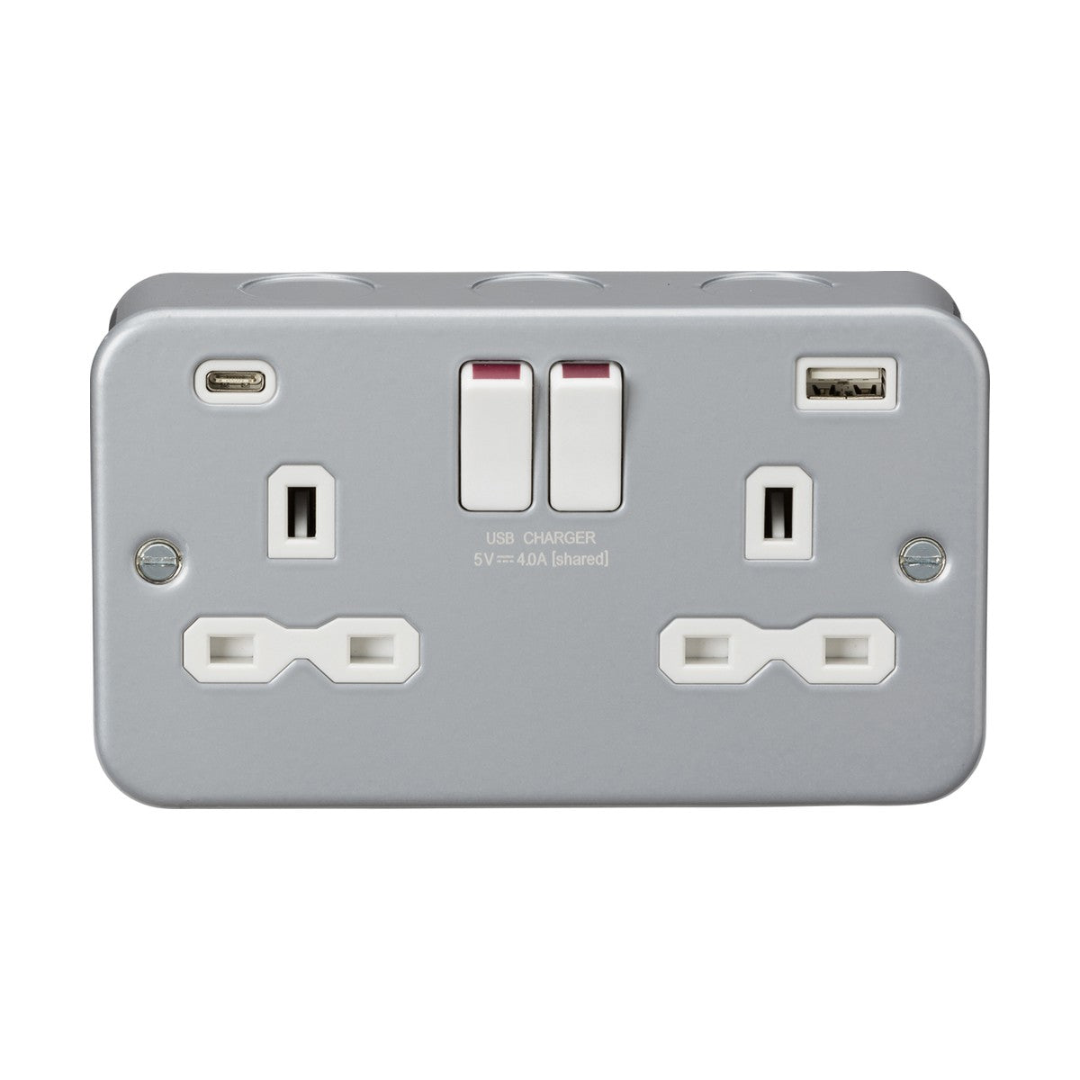 The Metal Clad 13A 2 Gang SP Switched Socket With Dual USB is enclosed in a durable metal clad box and features silver dual electrical outlets with 13A switched sockets. It includes a conveniently designed charging setup, featuring a USB-C port on the left and a USB-A port on the right, providing easy access to both power and charging functions.