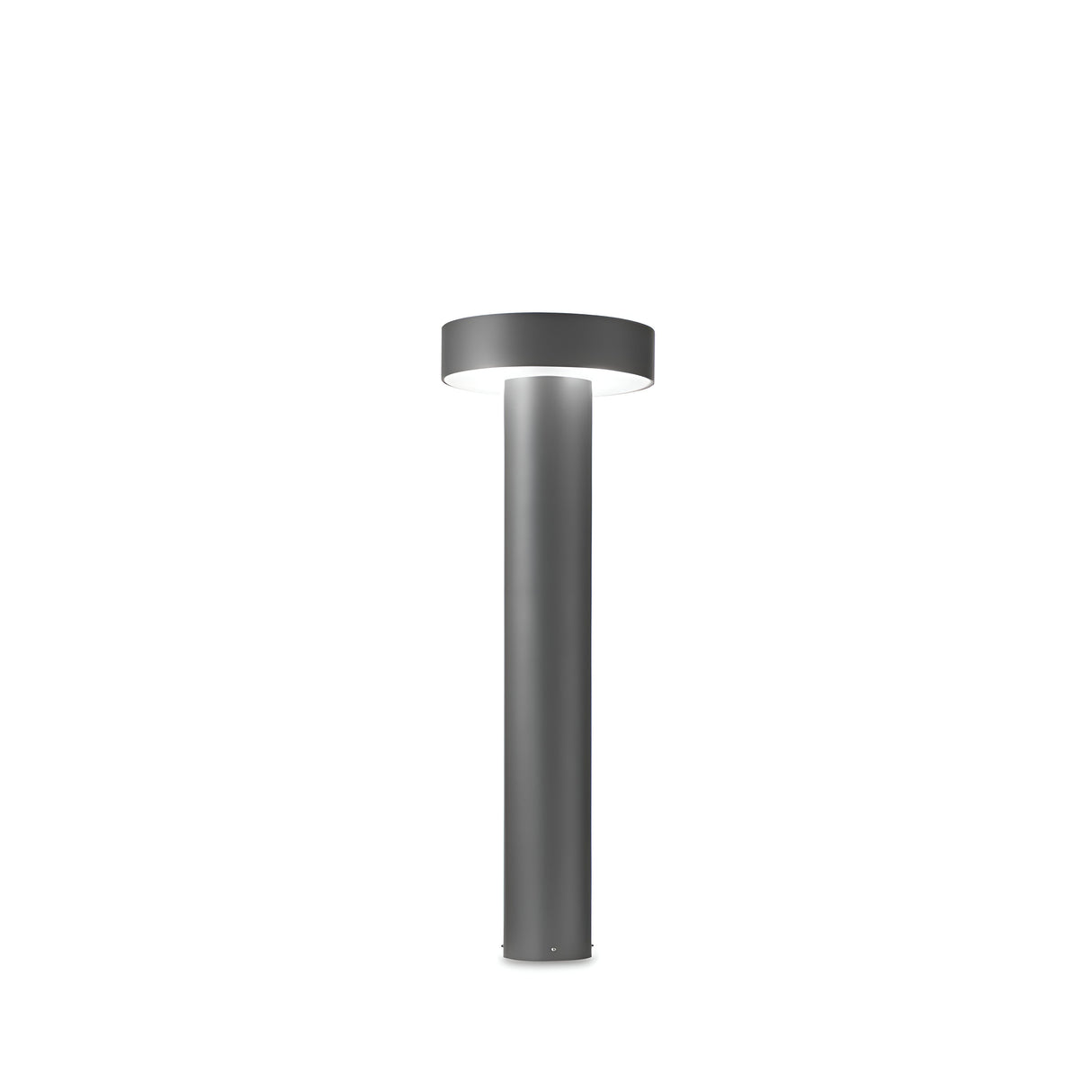The Gloara Outdoor Bollard Light in a sleek anthracite finish is a modern, cylindrical fixture with a wide, flat top. This minimalist design is highlighted on a white background, showcasing its functional aesthetic and featuring an IP44 rating for weather resistance.