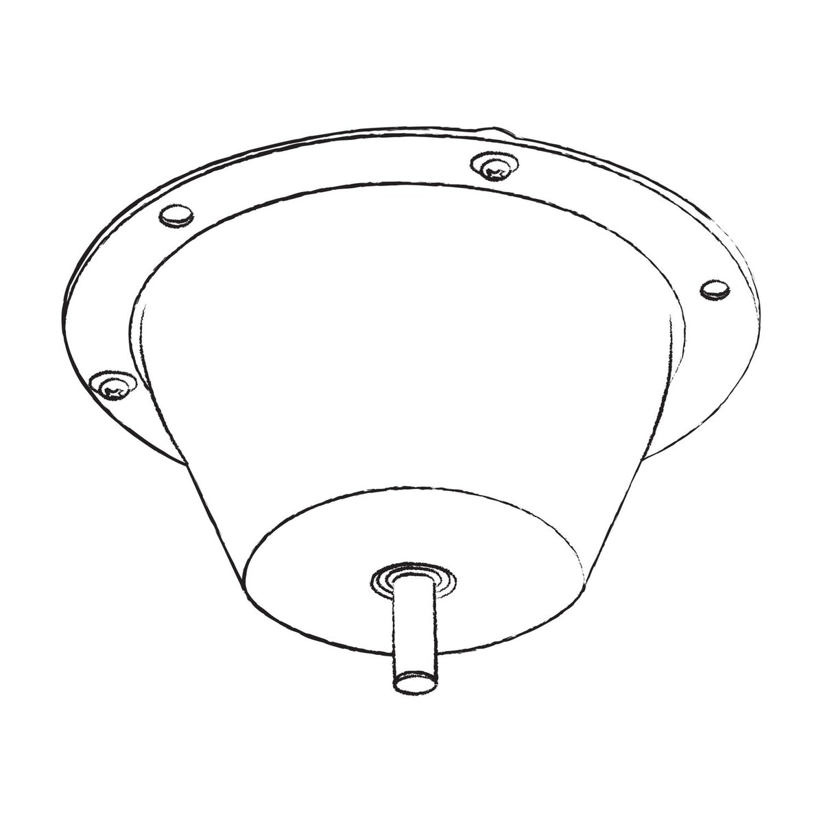 Line drawing of the QTX round disco ball motor by AVSL, showing the cylindrical housing, top mounting flange with screw holes, and central spindle.
