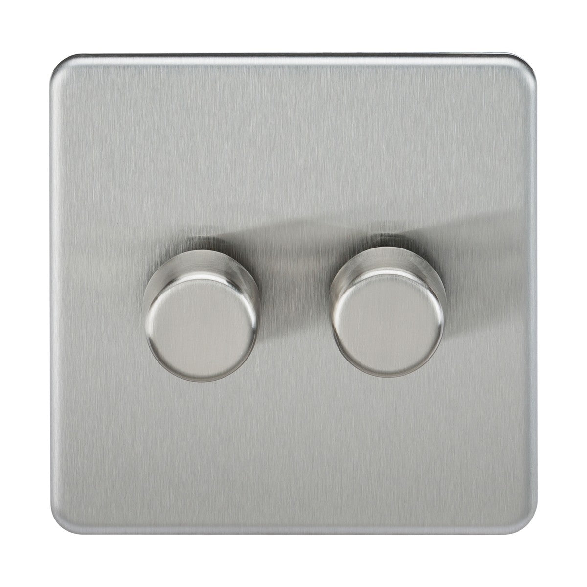 Introducing the 2 Gang 2-Way Intelligent Dimmer - Brushed Chrome: This stylish dimmer switch is crafted from stainless steel and features two round knobs on a brushed chrome square plate. Its screwless low profile design offers a sleek finish, making it perfect for dimmable lamps and ensuring seamless lighting adjustment throughout your space. Suitable for 10-200W (5-150W LED) applications.